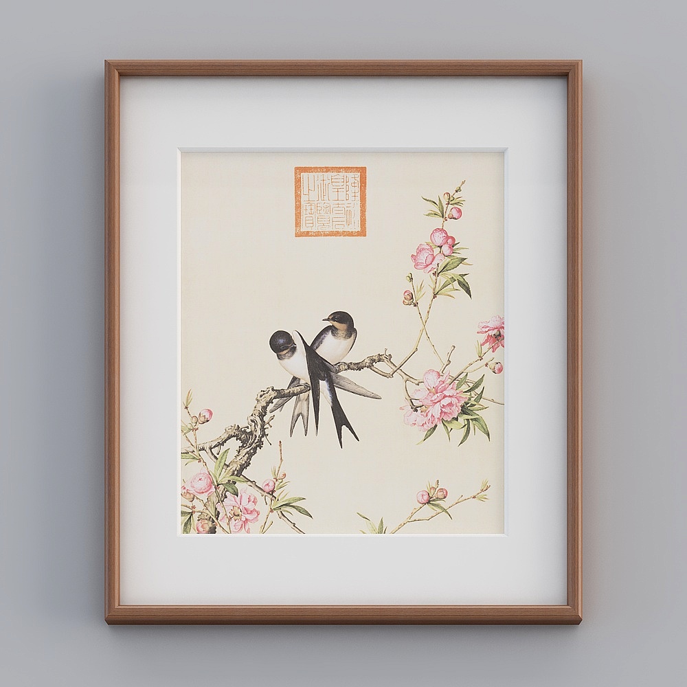 起贝新中式单幅竖款海棠色实木框春意满堂58x68cm工笔花鸟twhxd-zs-gg-sk-7