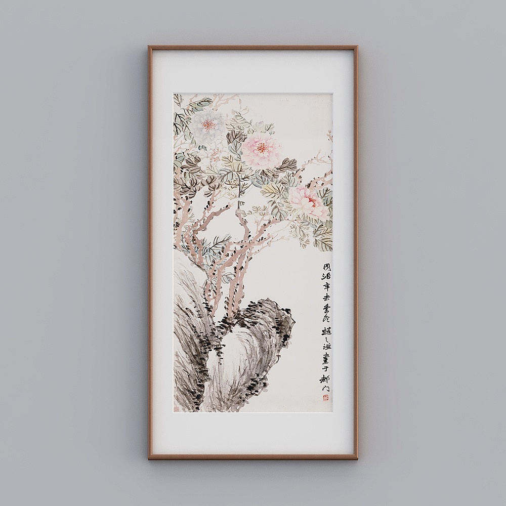 起贝新中式单幅竖款海棠色实木框荷花牡丹图83x163cm水墨风景twlpr-zs-gg-sk-23