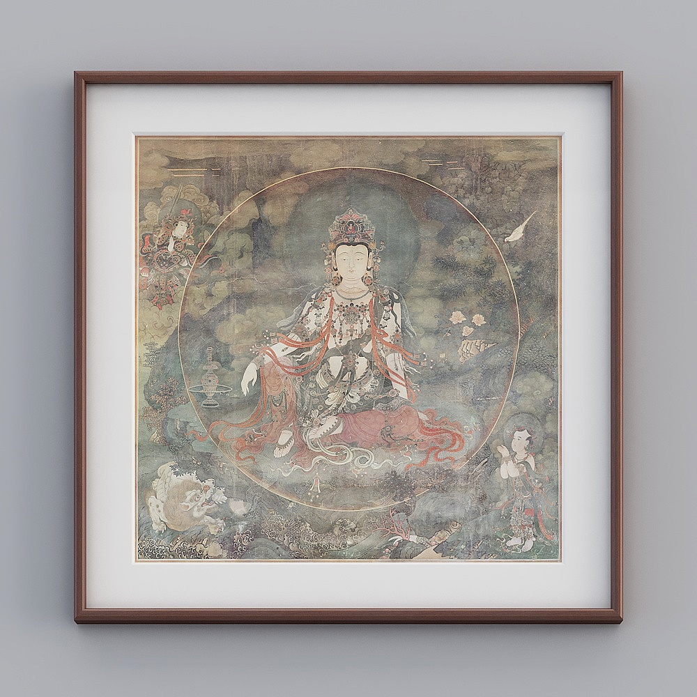 起贝新中式单幅方款海棠色实木框水月观音83x83cm佛像挂画twlpr-zs-gg-sk-10