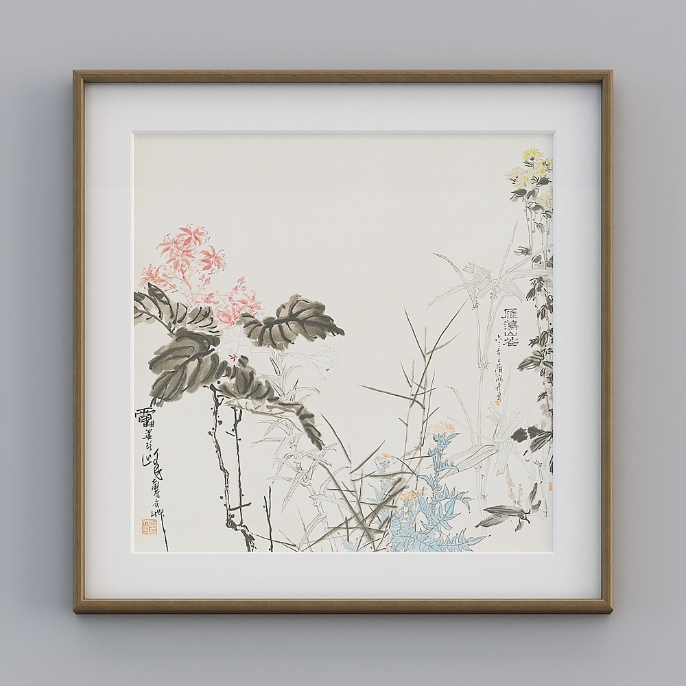 起贝新中式单幅横款柚木色实木框雁荡山画图83x83cm水墨花鸟twlpr-zs-gg-sk-9