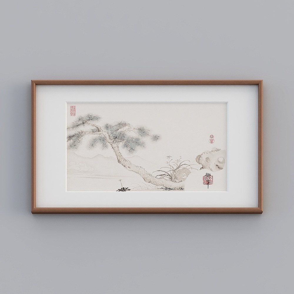 起贝新中式单幅横款海棠色实木框莲浦松阴图53x93cm山水风景twrgz-zs-gg-sk-9