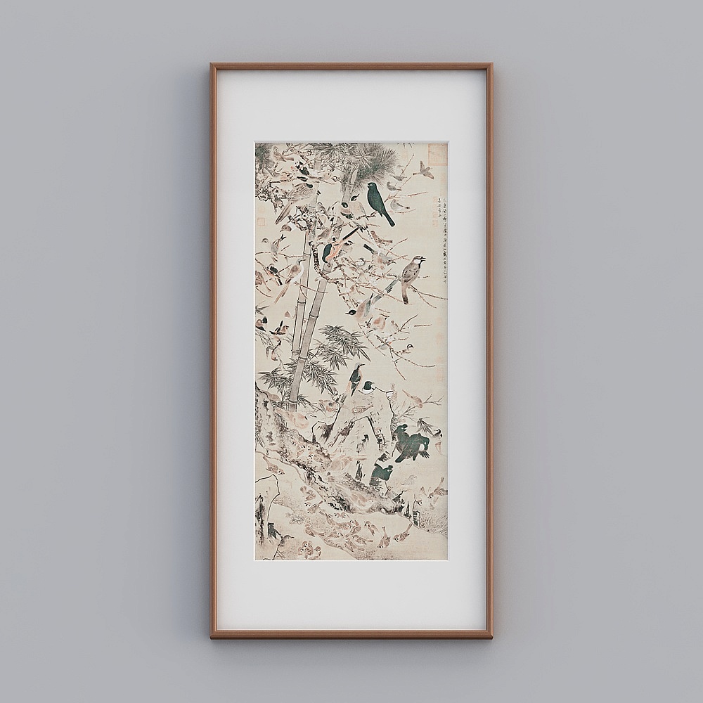 起贝新中式单幅竖款海棠色实木框三友百禽73x148cm花鸟国画twrgz-zs-gg-sk-183D模型