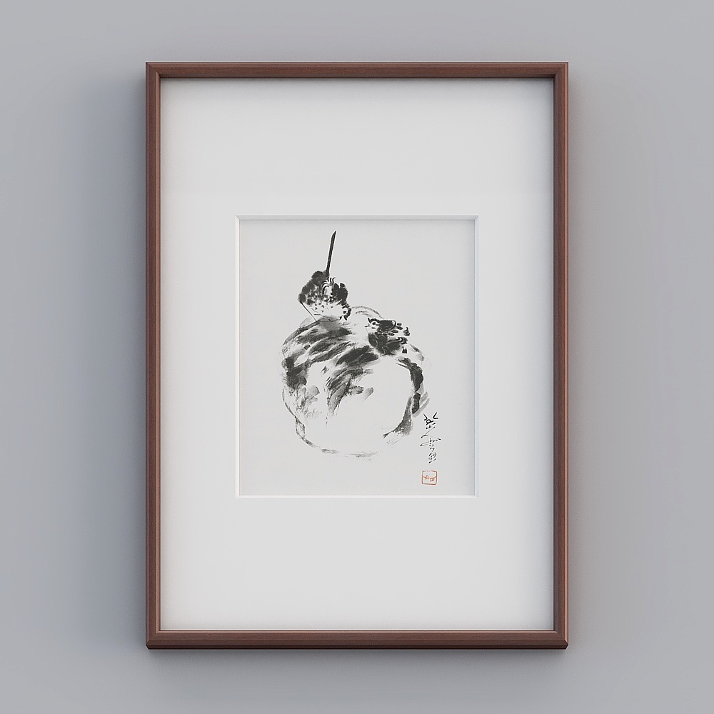 八大山人现代新中式水墨禅意挂画书房茶室装饰画泼墨版画作品twrgz-zs-gg-sk-143D模型