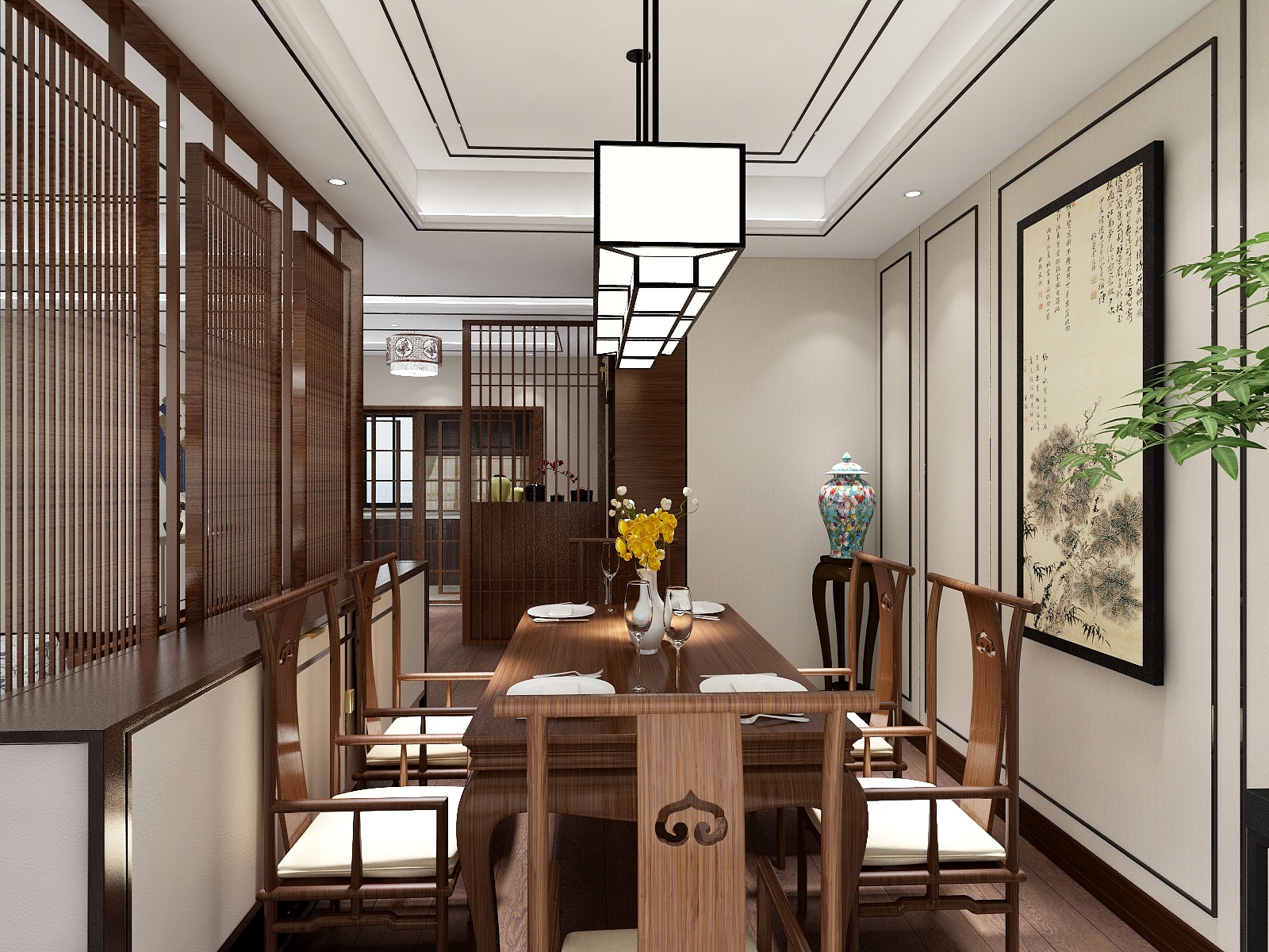 恒发设计梅-新中式客餐厅装修效果图