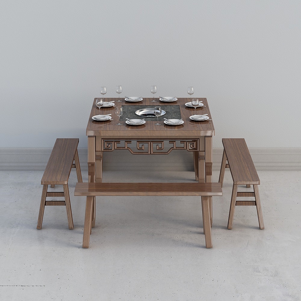 酷家乐-新中式火锅桌椅组合-23D模型