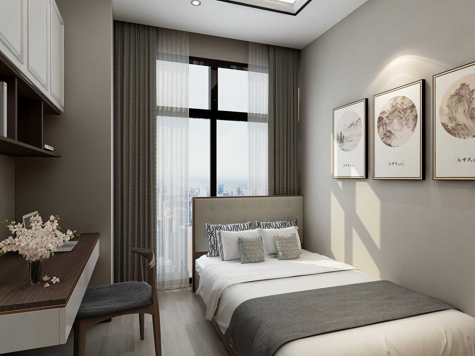 西安红创-250㎡新中式七居二层客卧装修效果图第1张