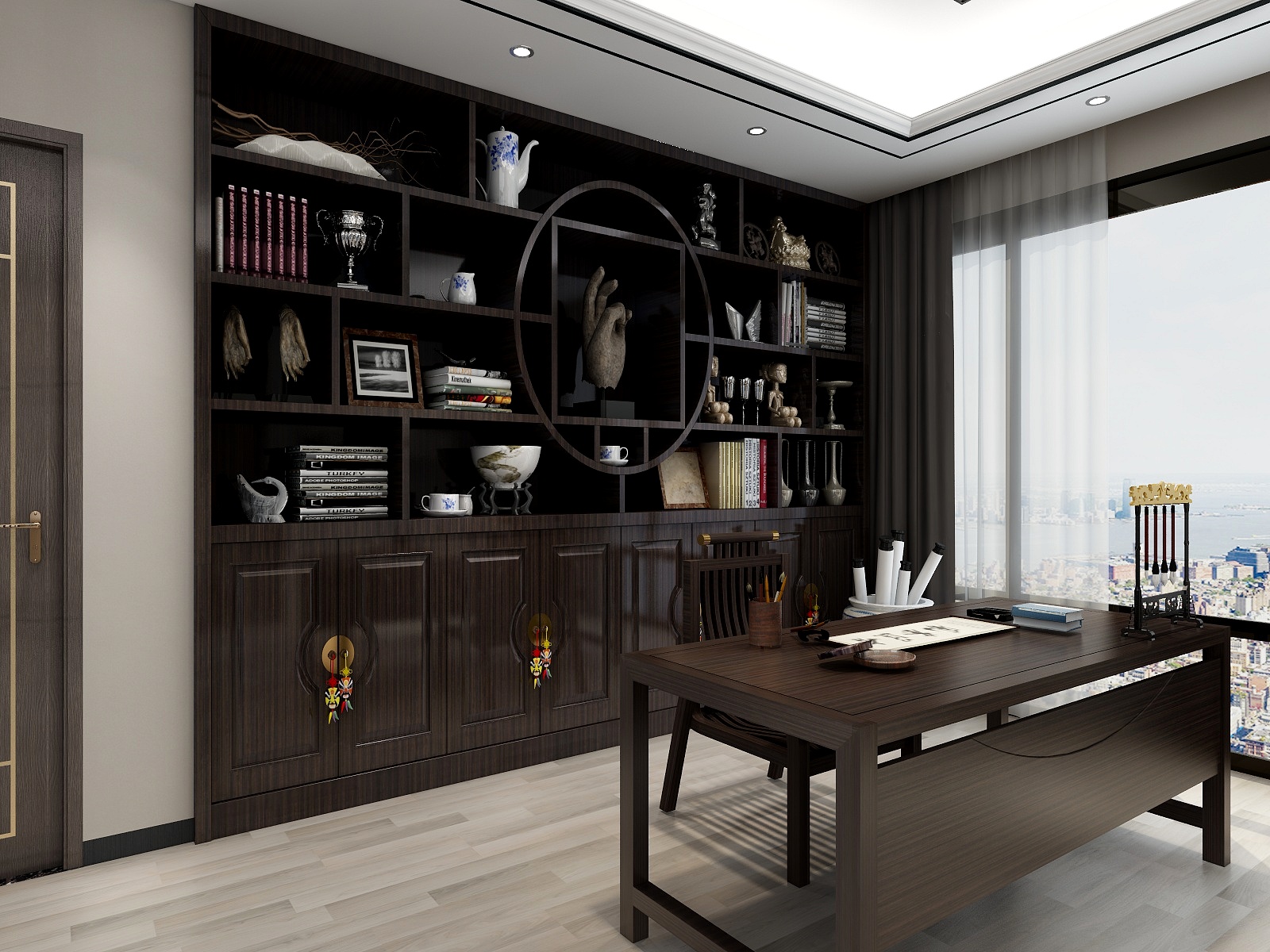 西安红创-250㎡新中式七居二层书房装修效果图第1张