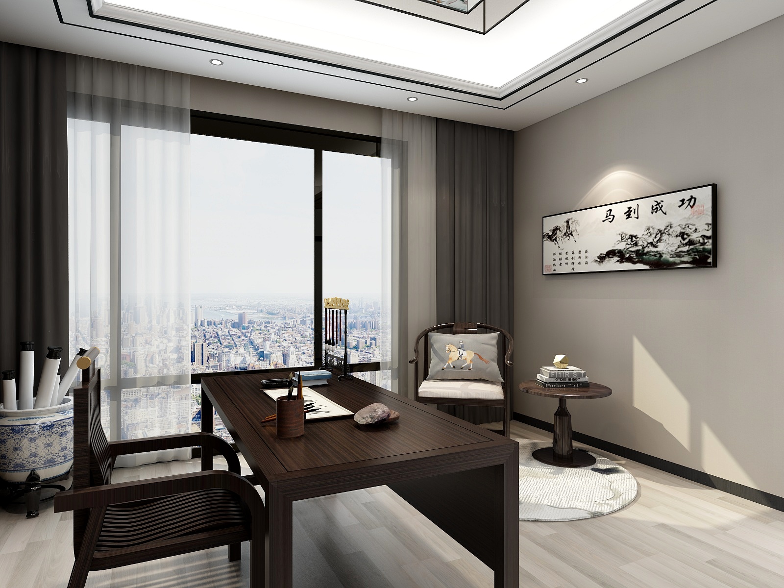 西安红创-250㎡新中式七居二层书房装修效果图第2张