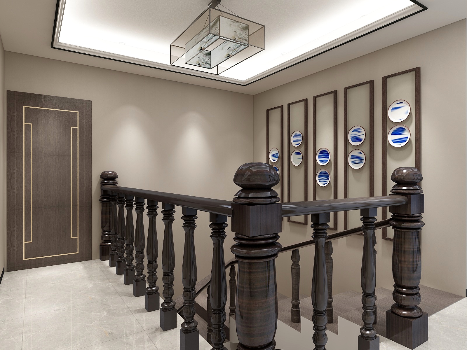 西安红创-250㎡新中式七居二层走廊装修效果图第1张