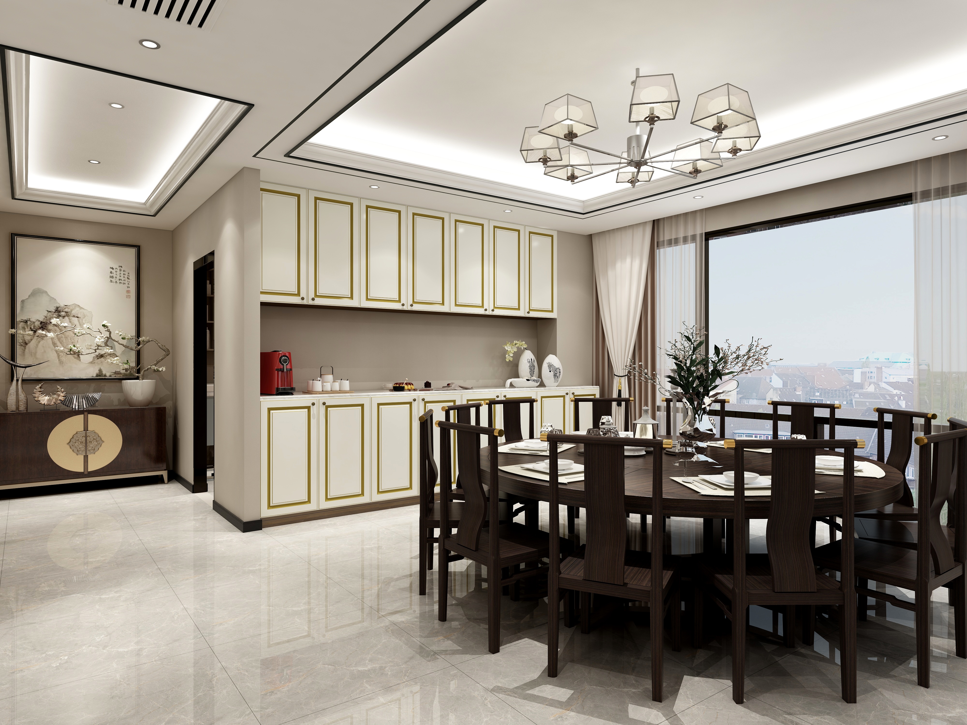 西安红创-250㎡新中式七居一层客餐厅装修效果图第1张