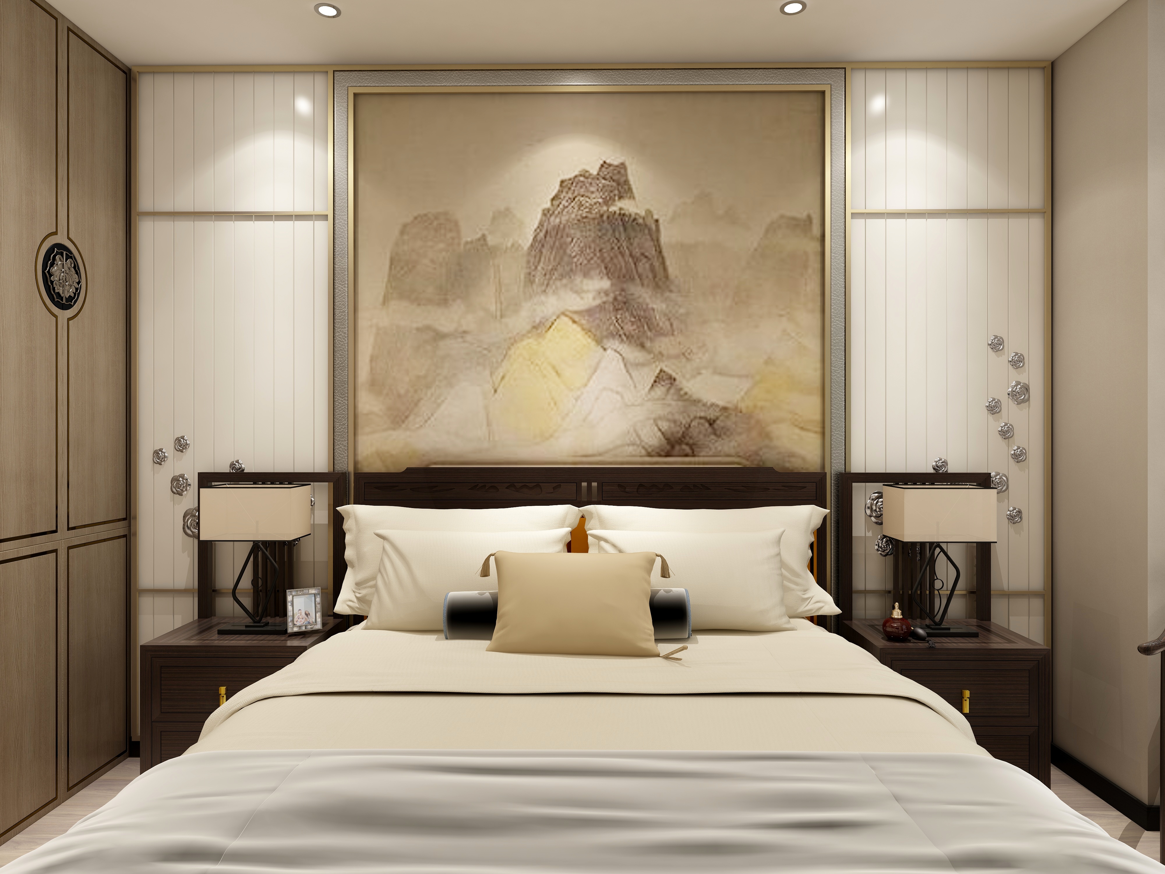 西安红创-250㎡新中式七居一层父母房装修效果图第1张