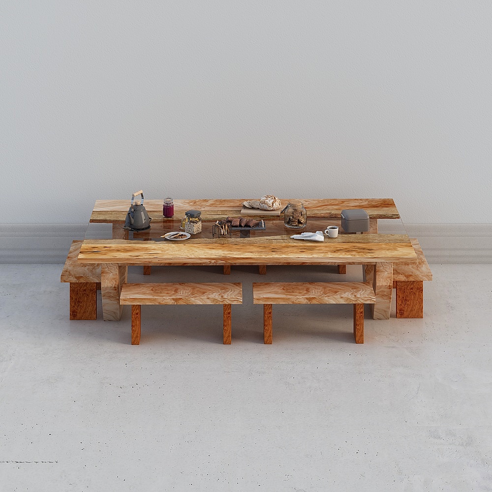 酷家乐-38.工业风户外实木餐桌椅子摆件组合3D模型