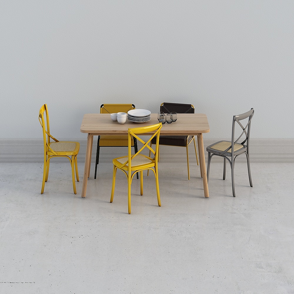 酷家乐-北欧实木餐桌椅餐具吊灯盆栽组合3D模型