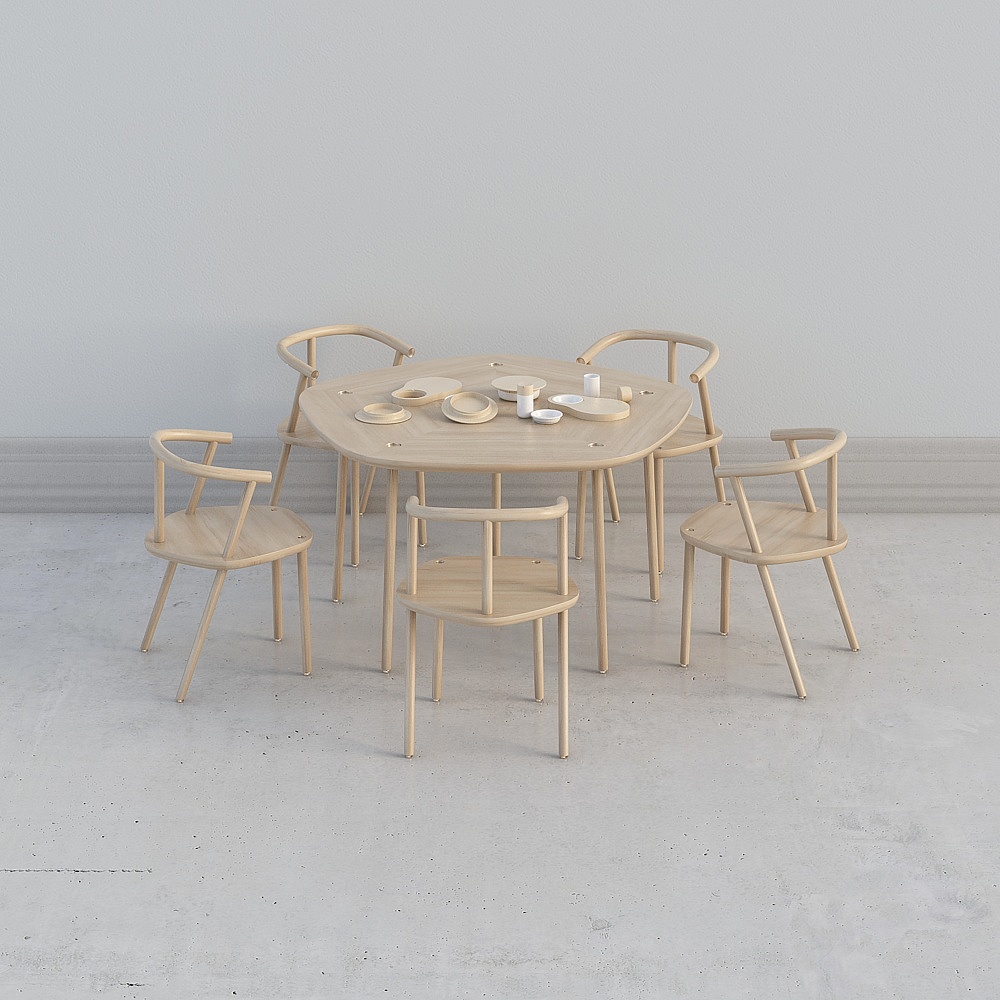 酷家乐-北欧实木餐桌椅子摆件组合