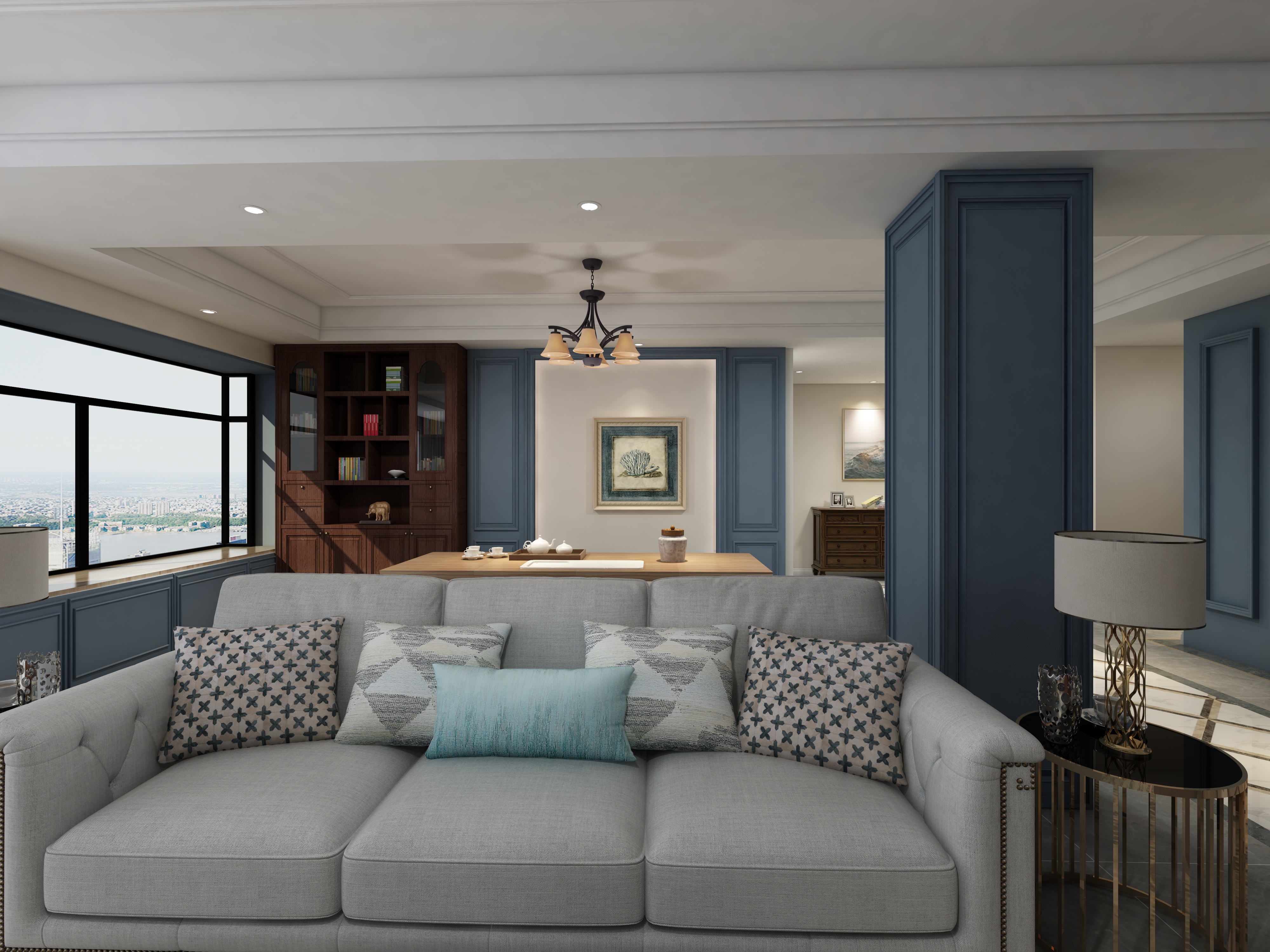 塑梧设计-217方美式三居一层客餐厅装修效果图第2张