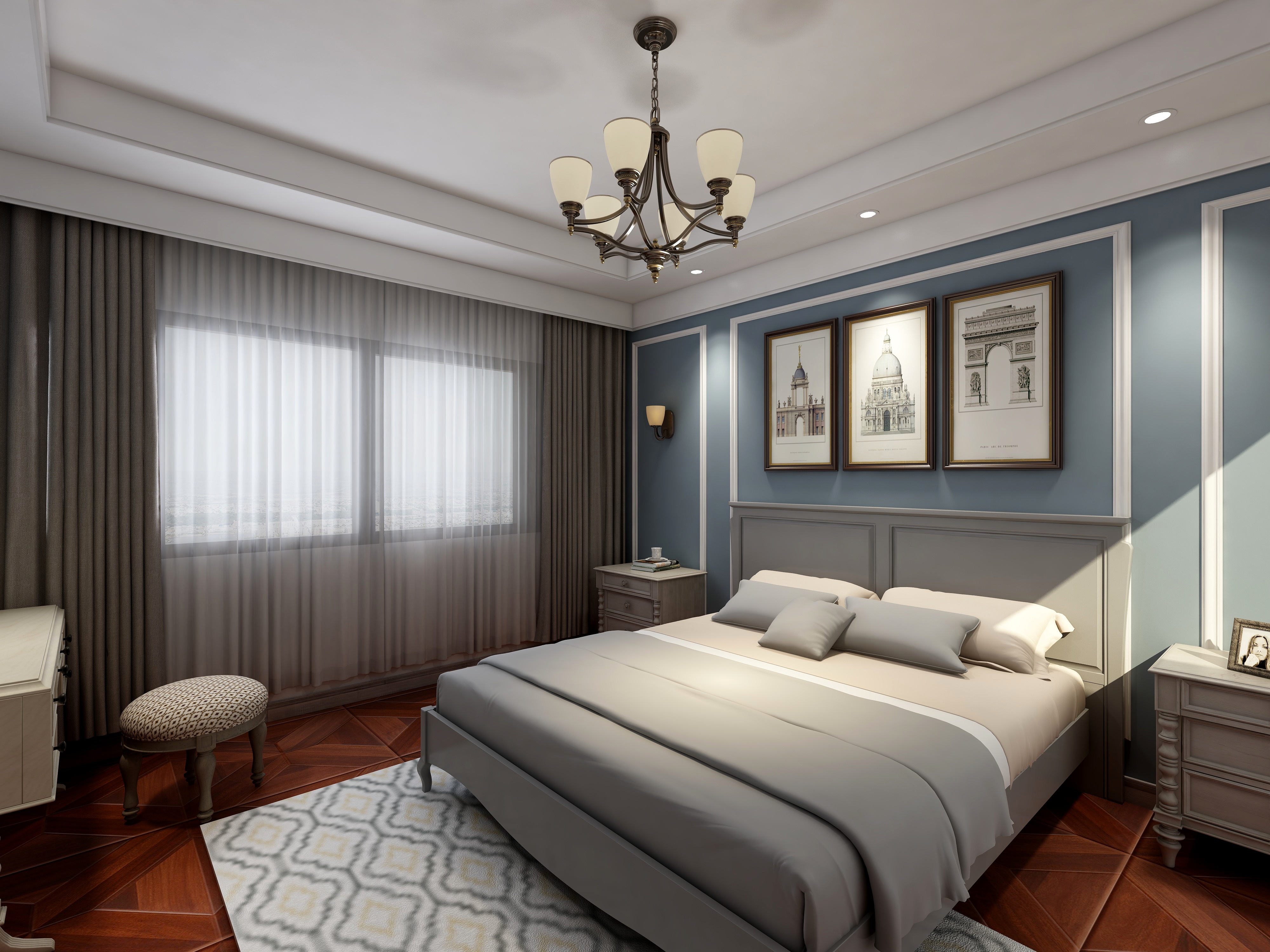 塑梧设计-217方美式三居一层主卧装修效果图第2张