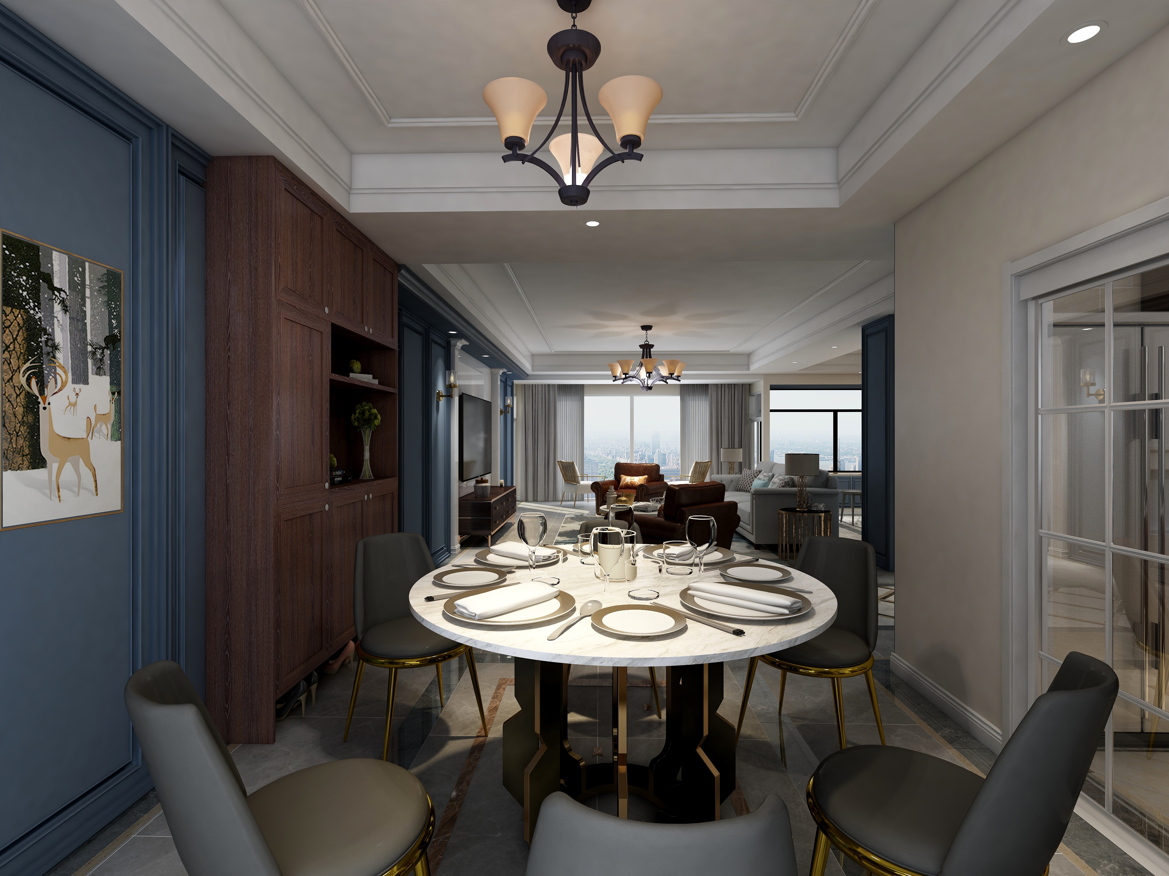 塑梧设计-217方美式三居一层客餐厅装修效果图第4张