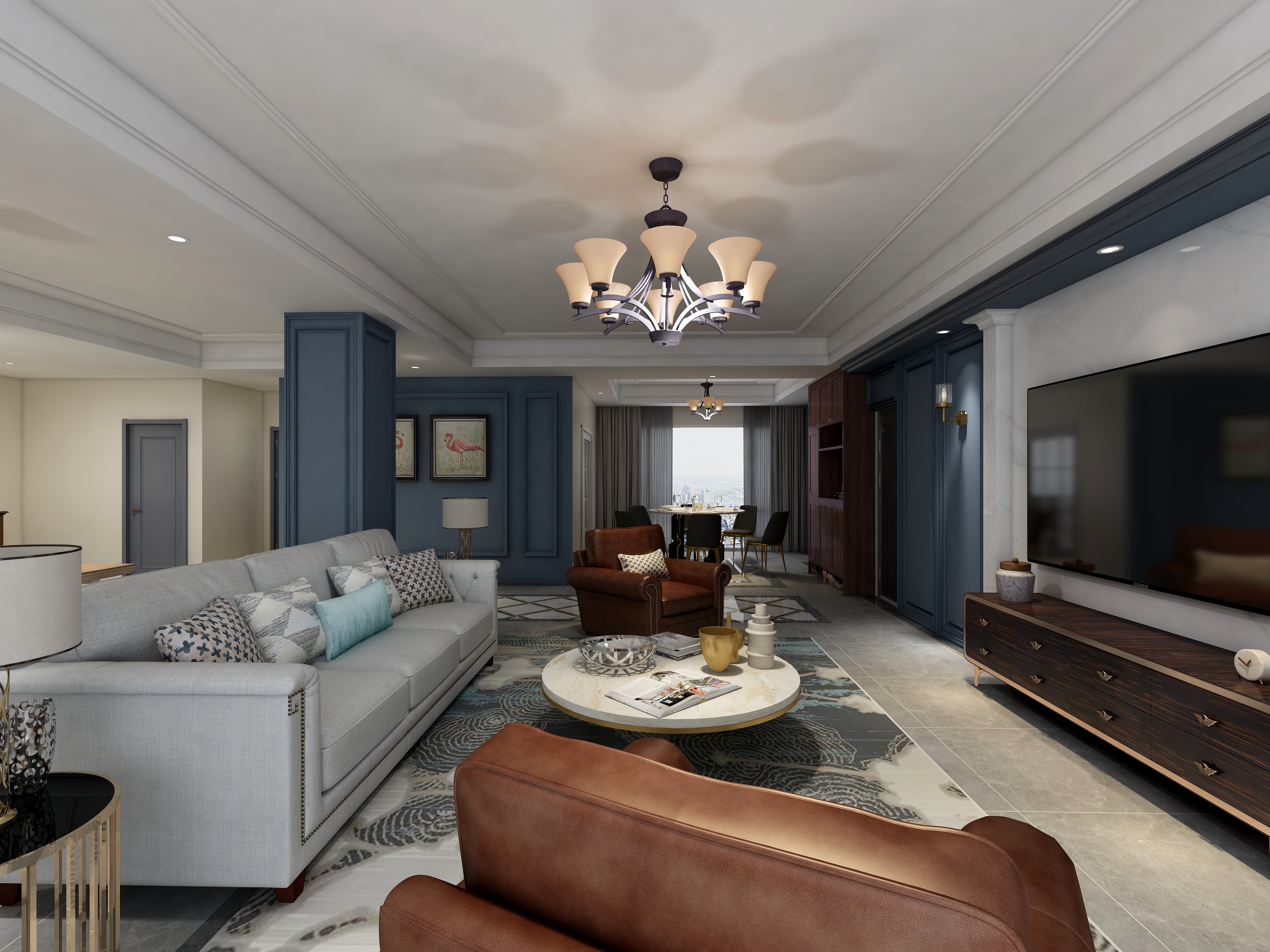 塑梧设计-217方美式三居一层客餐厅装修效果图第3张