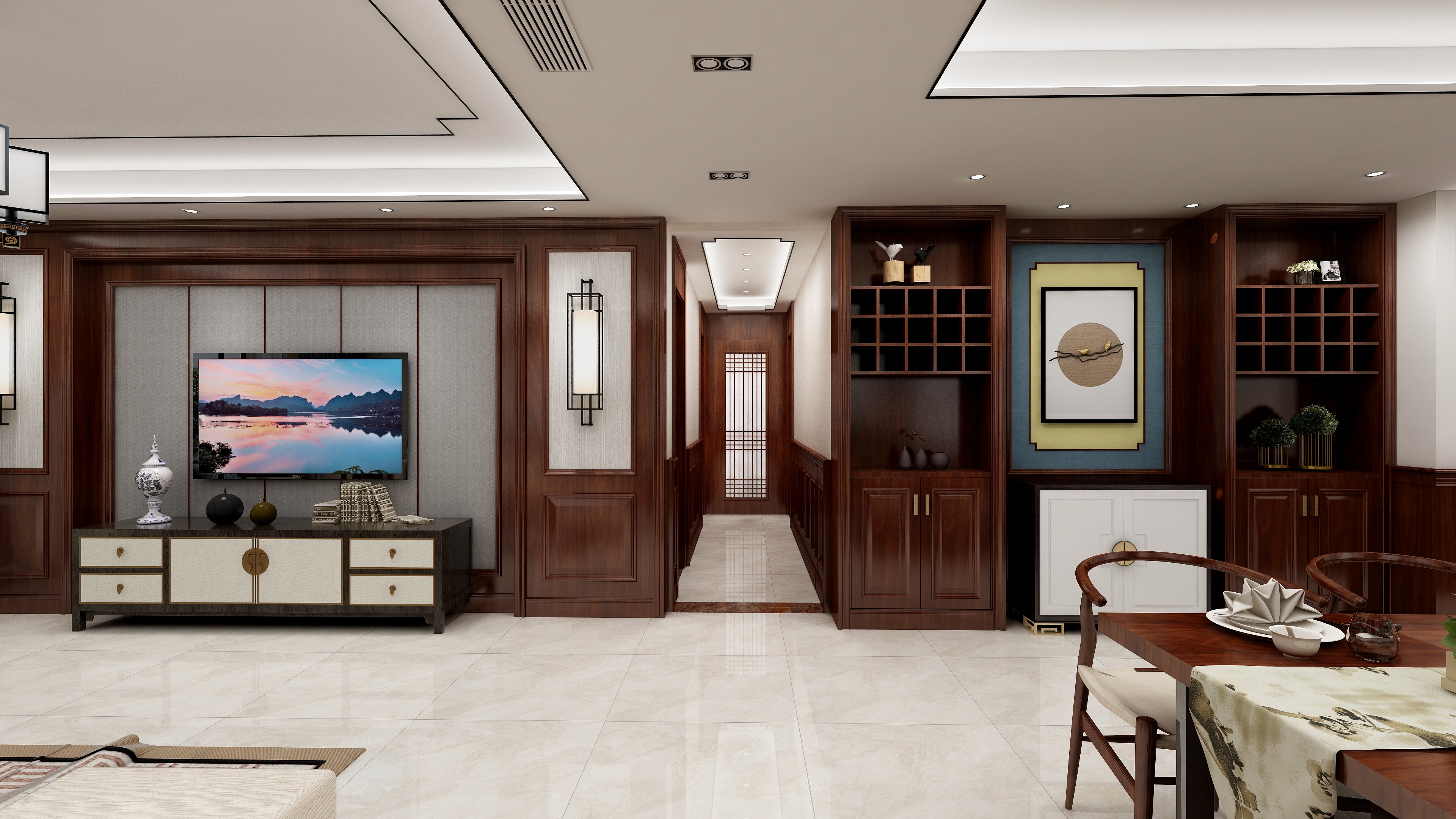 海口TATA木门-变幻-新中式三居一层客餐厅装修效果图第3张