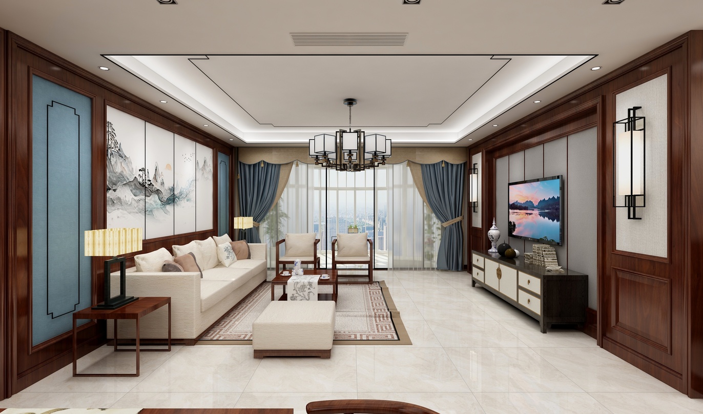 这个客厅的地面铺着白色大理石，给人一种高端大气的感觉。客厅的墙面是深棕色的木板，与地面相呼应，整体装修风格呈现出一种现代中式的特点。