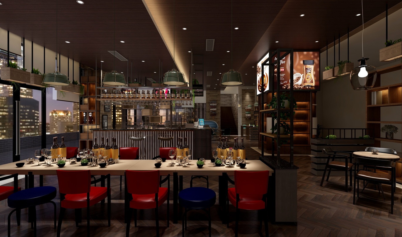 这个餐厅位于一个大型商场内，木质的桌椅整齐地摆放着，红色和蓝色的椅子给整个空间增添了活力。吧台区的桌椅摆放着，准备为顾客提供服务。吊顶上安装的灯具发出柔和的光线，与吊顶上的LED显示屏一起，为整个餐厅营造出温馨的氛围。餐厅的一侧是木质的酒架，上面摆放着各种酒类，方便顾客选择。餐厅的墙壁是砖墙，上面挂着一些装饰品，让整个空间更加有格调。窗户的左侧是餐厅的点餐区，右侧是厨房，透明的玻璃让整个空间更加通透。餐厅的地面是木质的，与整个空间的风格相统一。