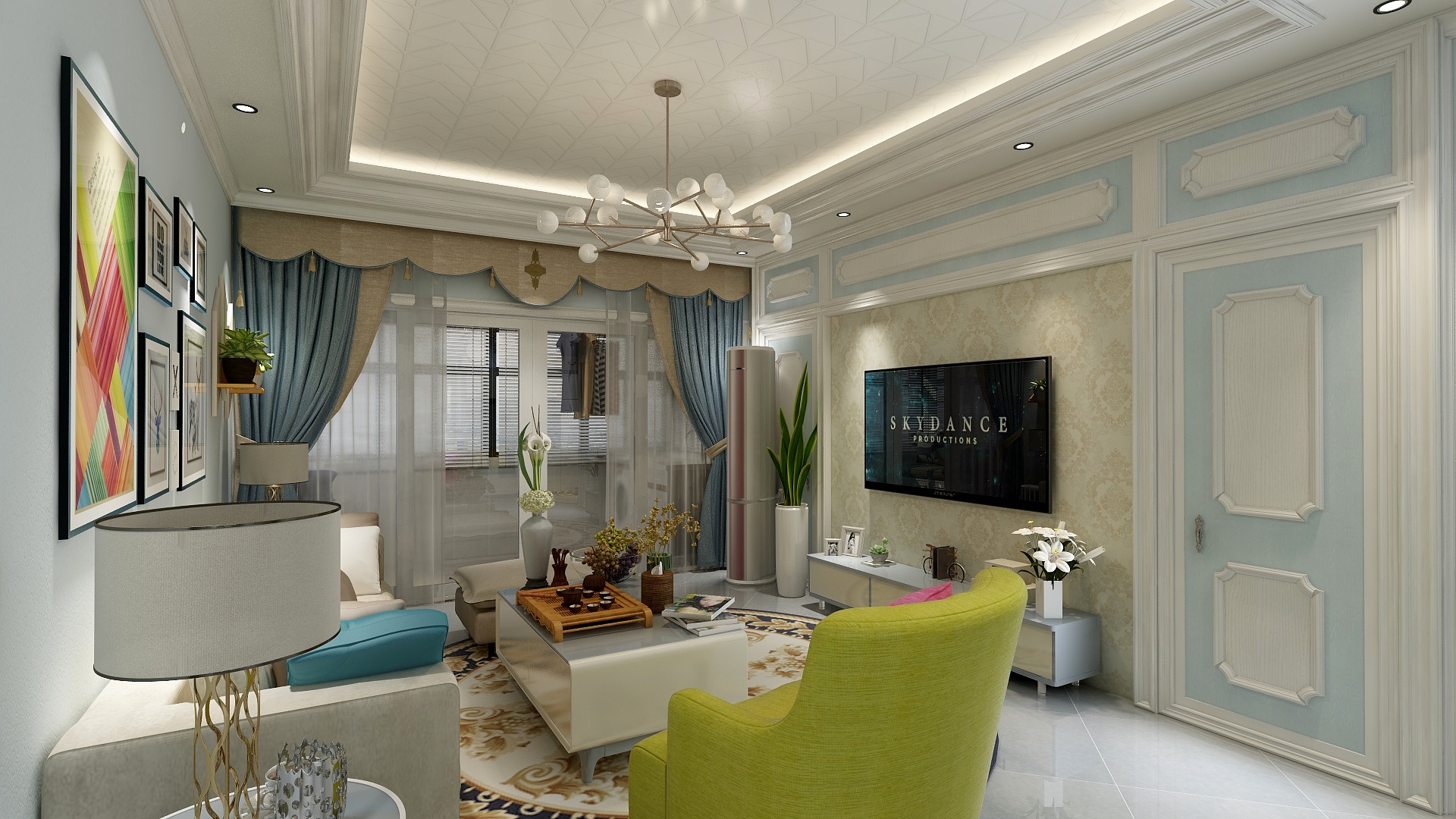 哒哒先生-蓝色客厅有背景墙-装修设计方案