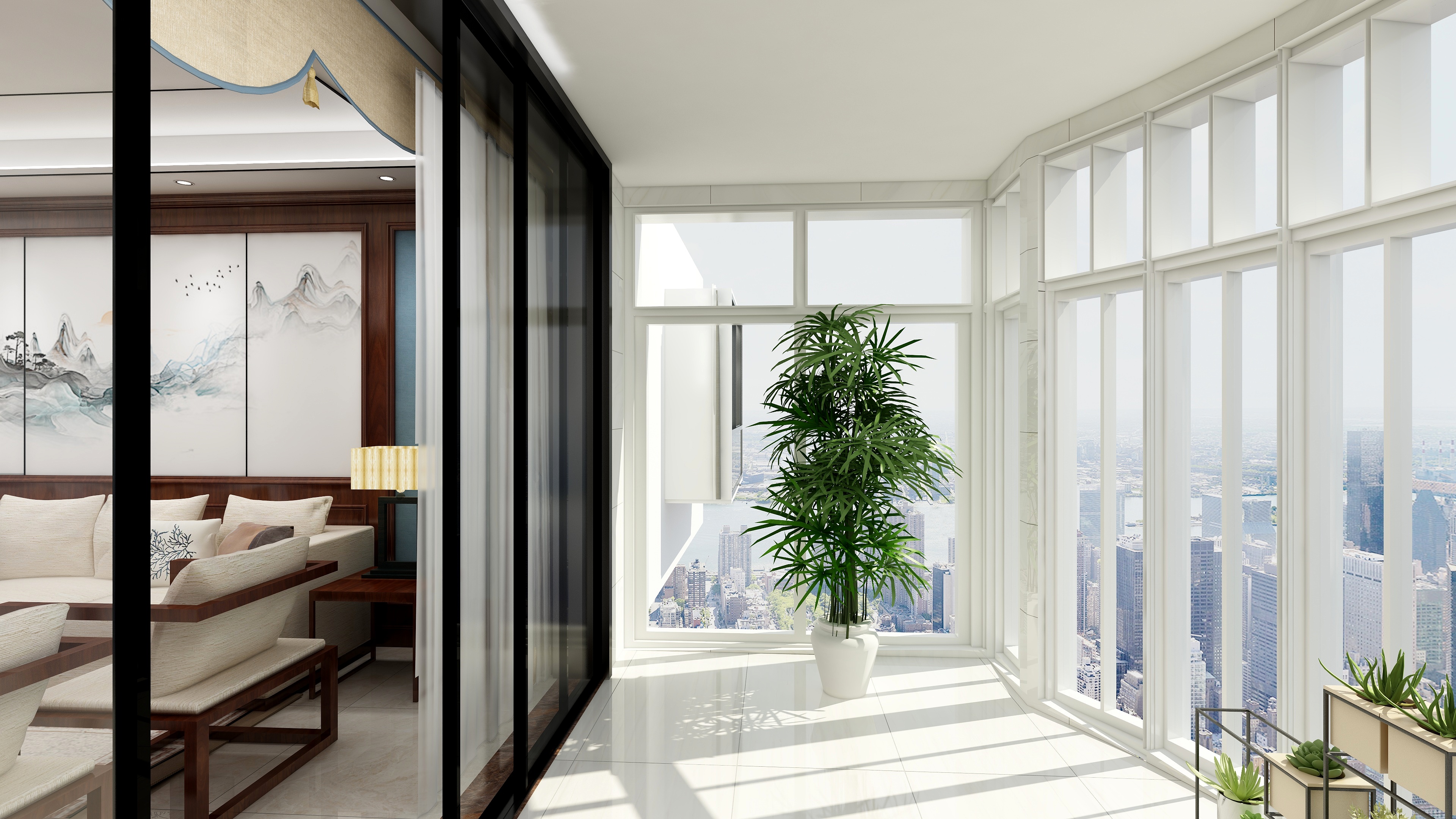 海口TATA木门-变幻-新中式三居一层客厅阳台装修效果图第2张