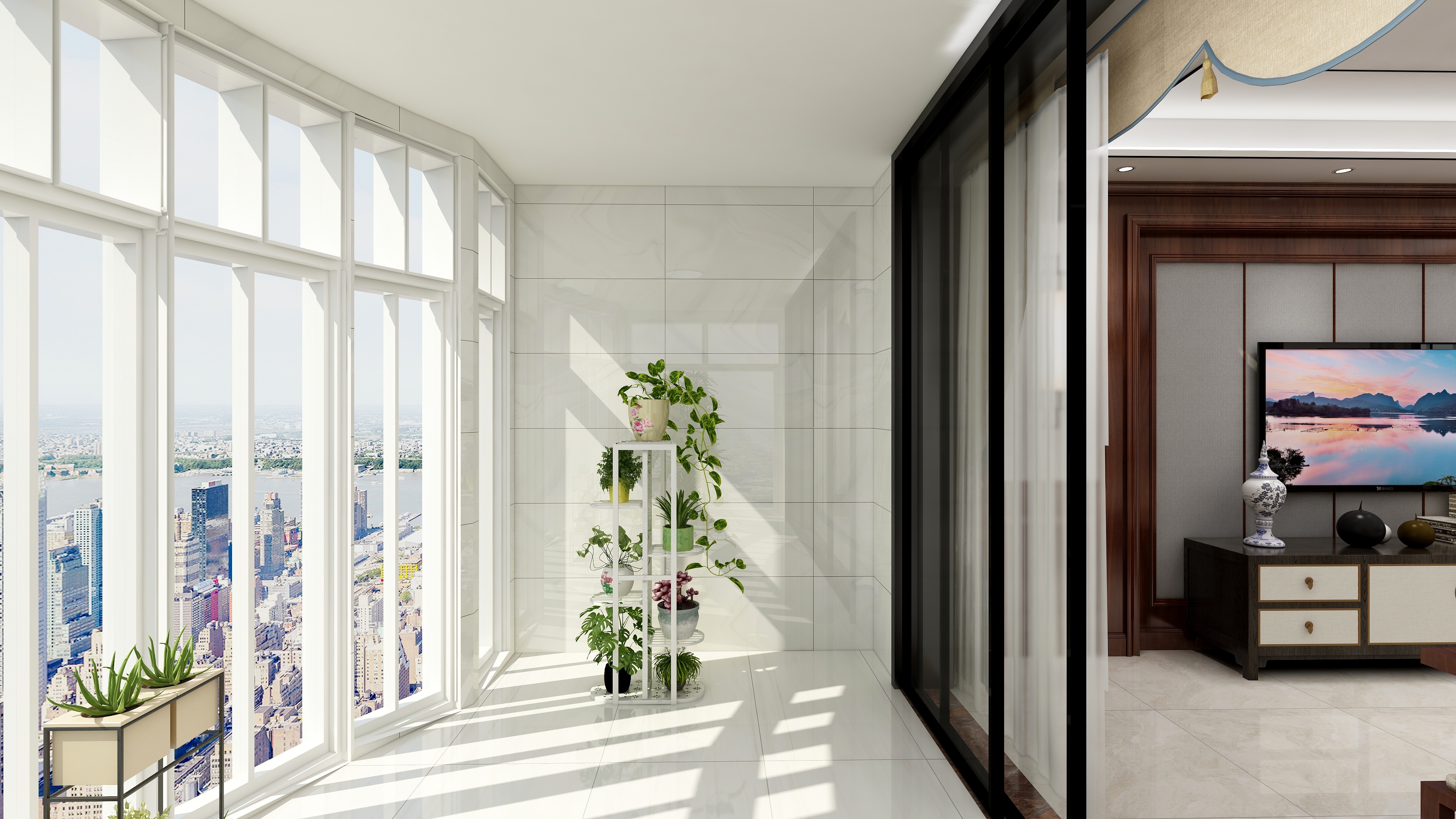 海口TATA木门-变幻-新中式三居一层客厅阳台装修效果图第1张