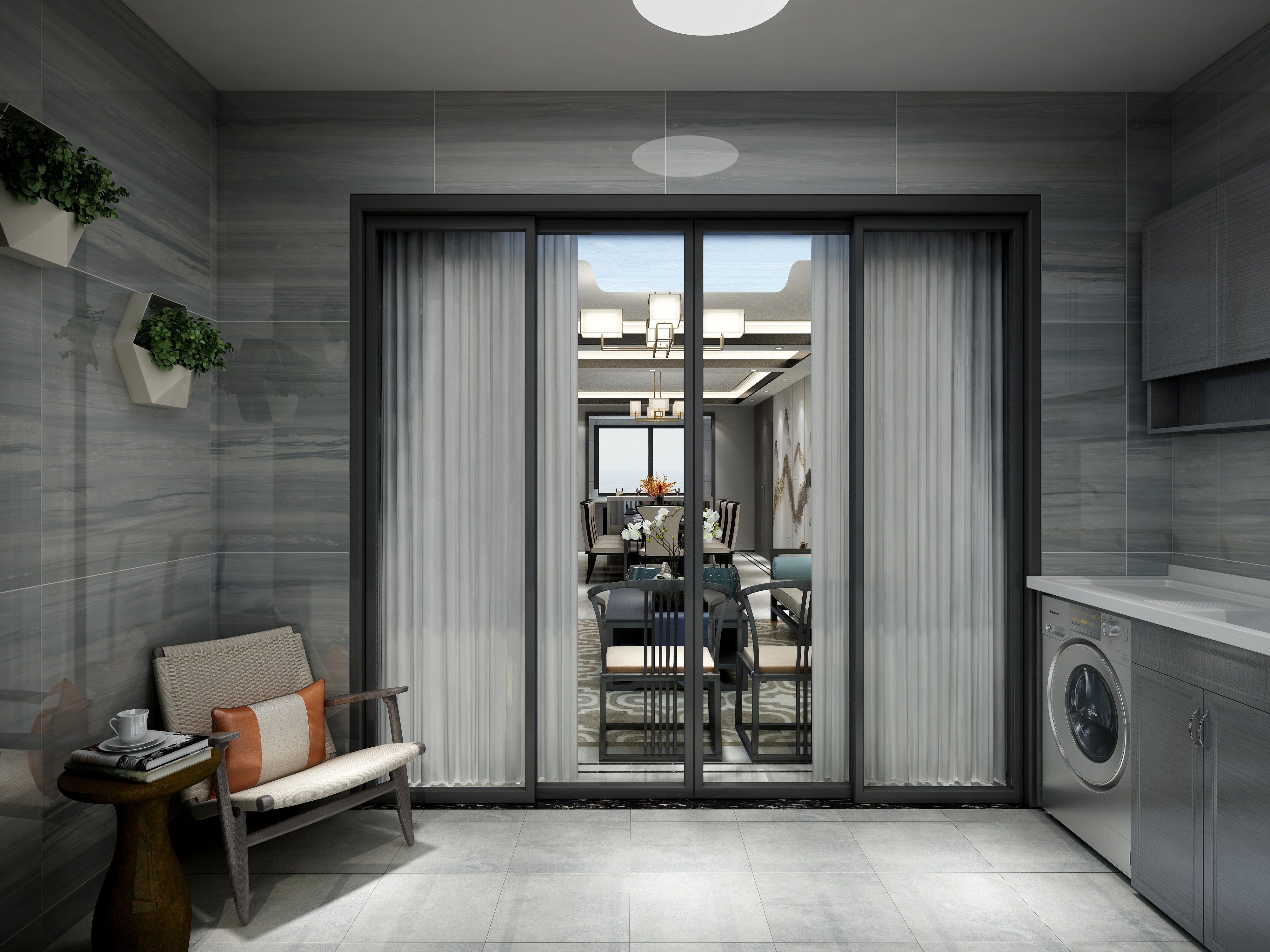 李青越-137㎡新中式三居一层阳台装修效果图第1张