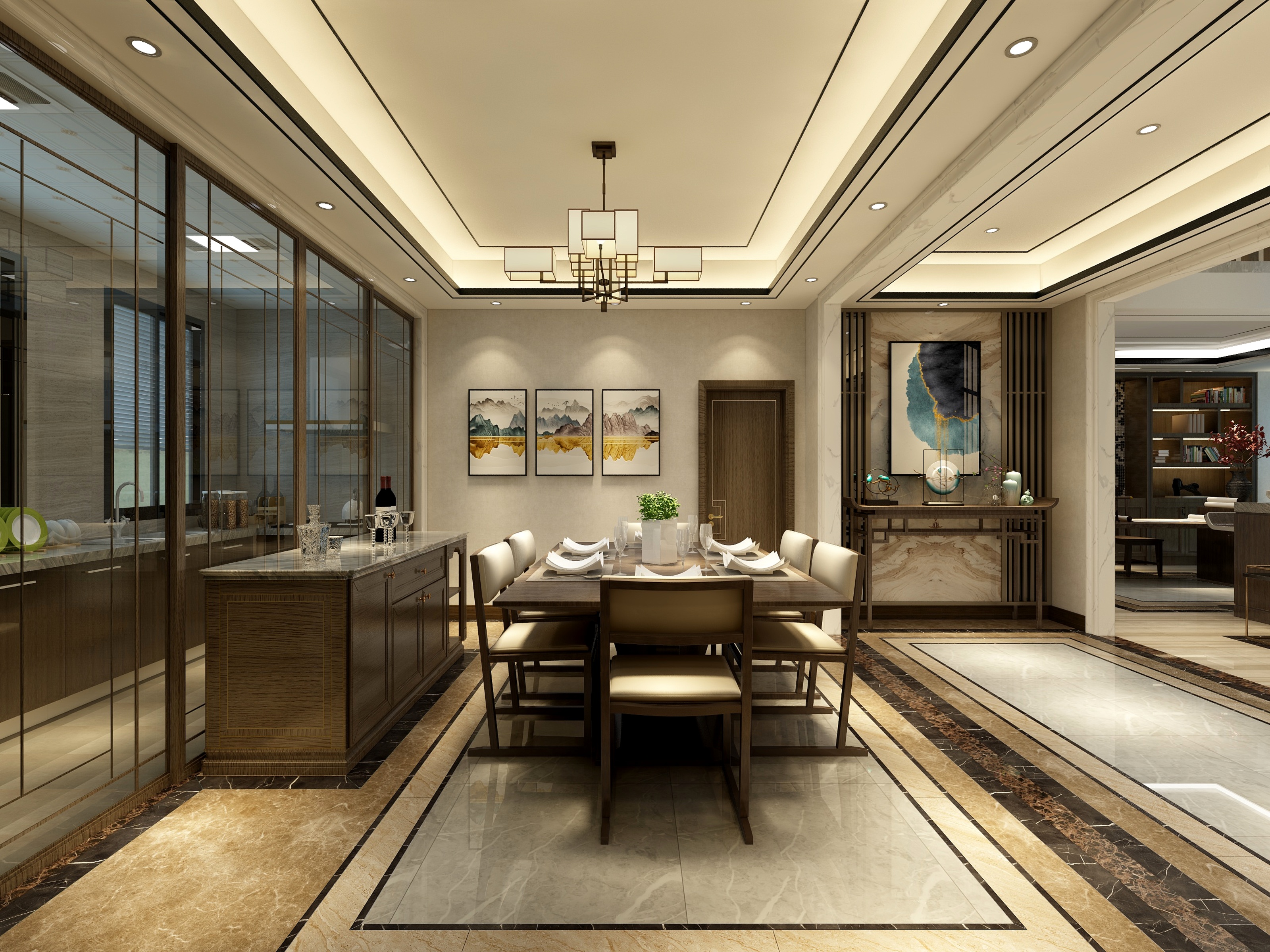 酷家乐优秀设计频道-《高山流水》-新中式复式一层餐厅装修效果图第1张