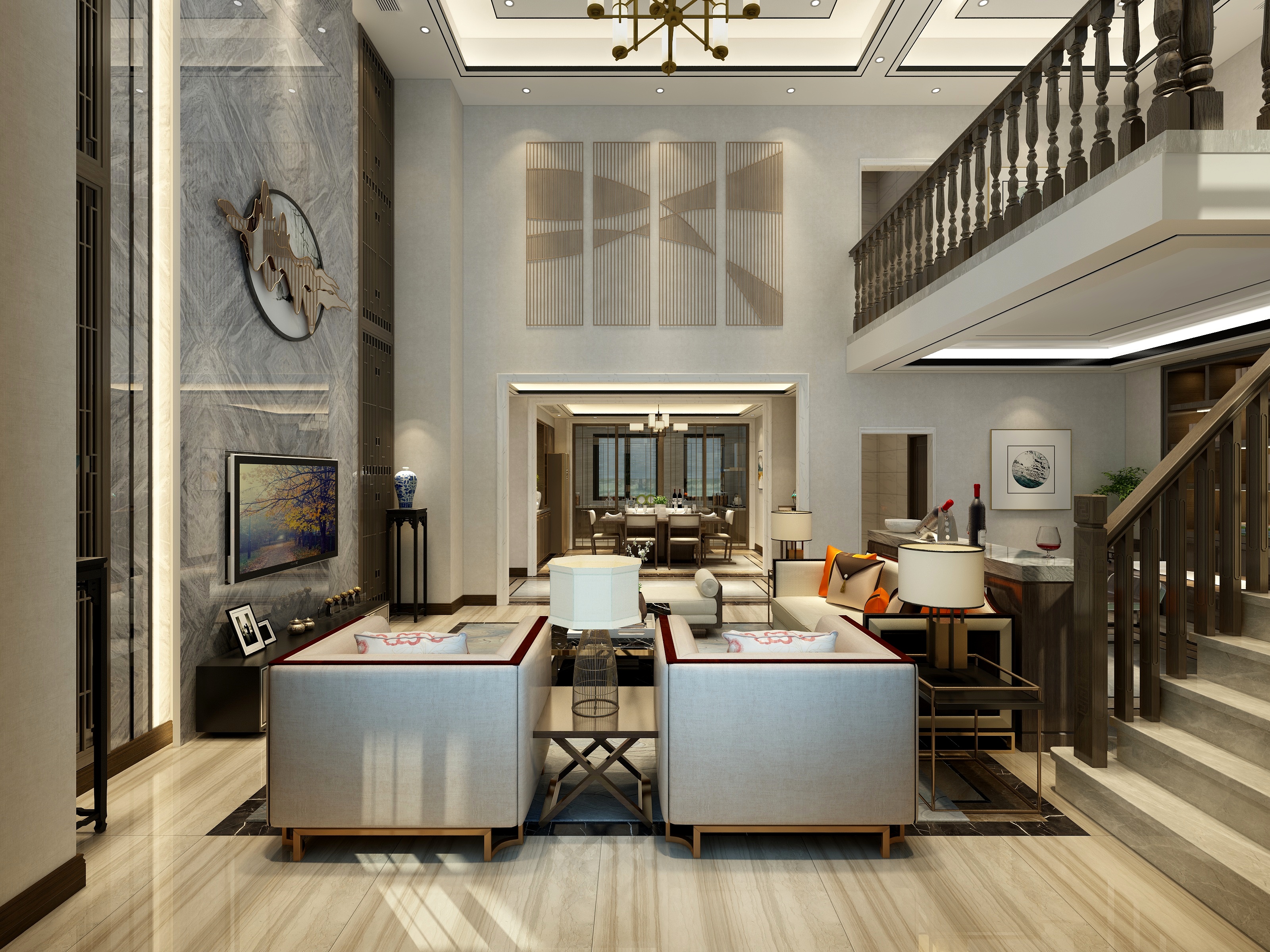 酷家乐优秀设计频道-《高山流水》-新中式复式一层客餐厅装修效果图第4张