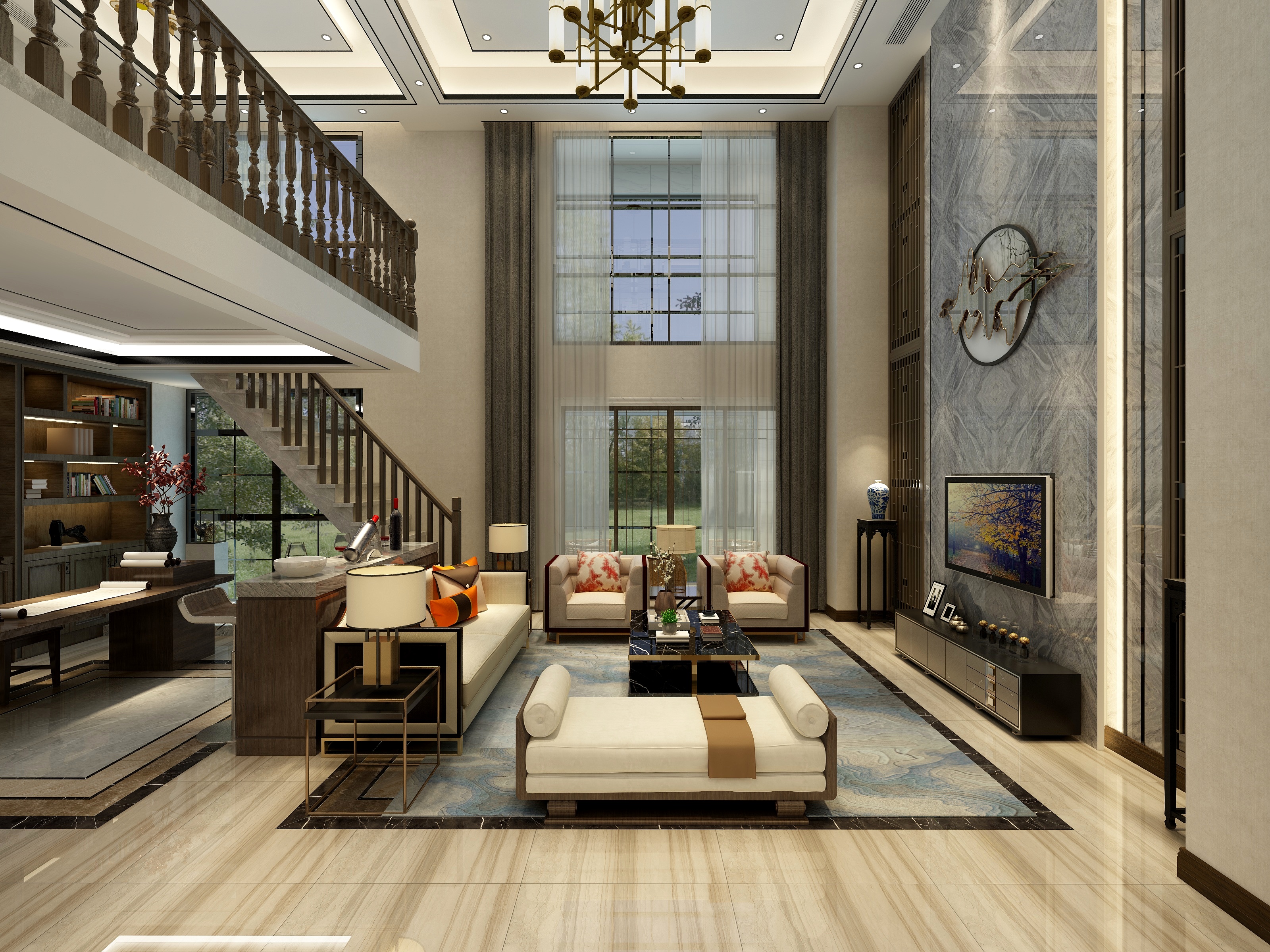 酷家乐优秀设计频道-《高山流水》-新中式复式一层客餐厅装修效果图第2张