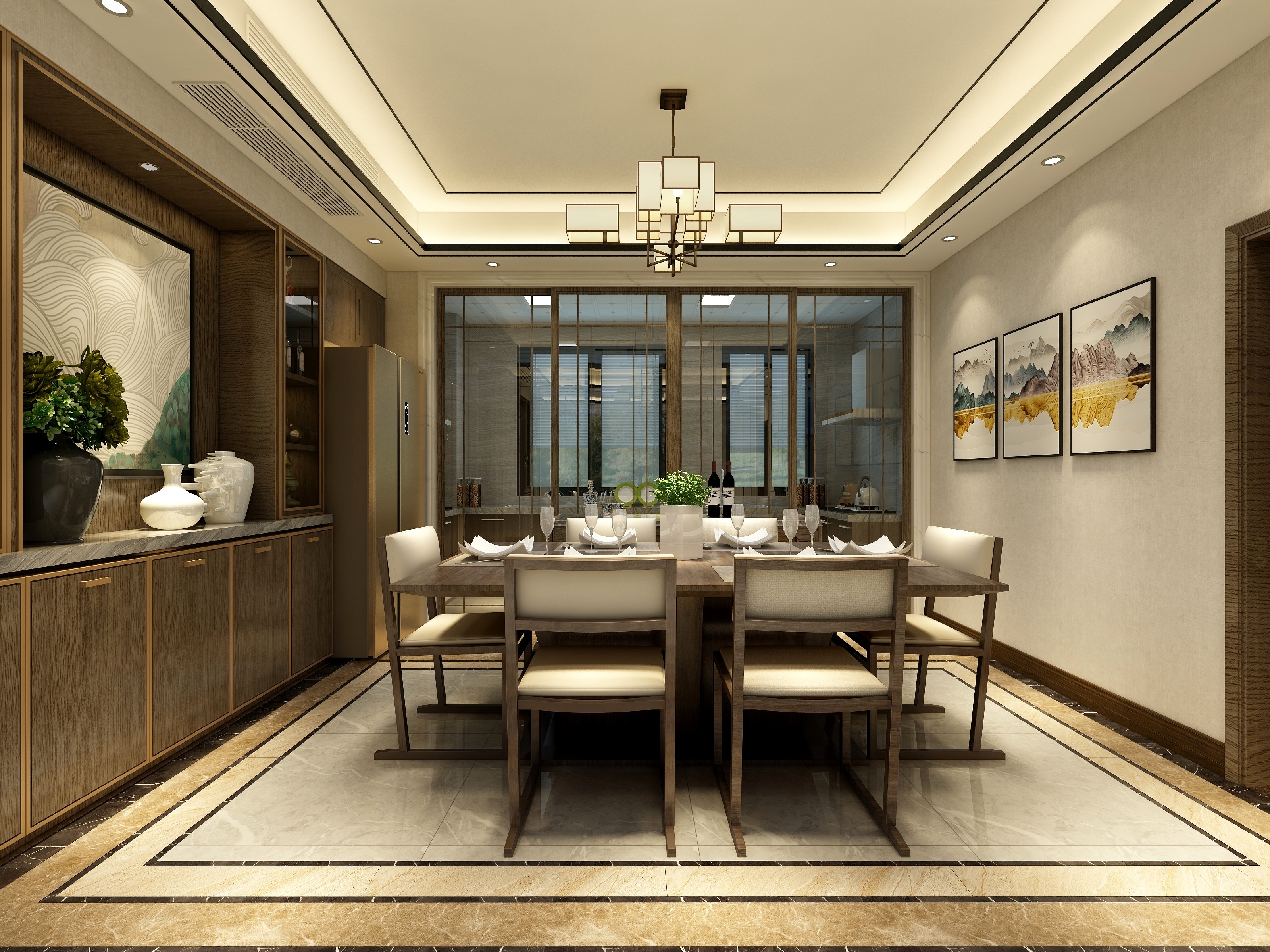 酷家乐优秀设计频道-《高山流水》-新中式复式一层餐厅装修效果图第2张