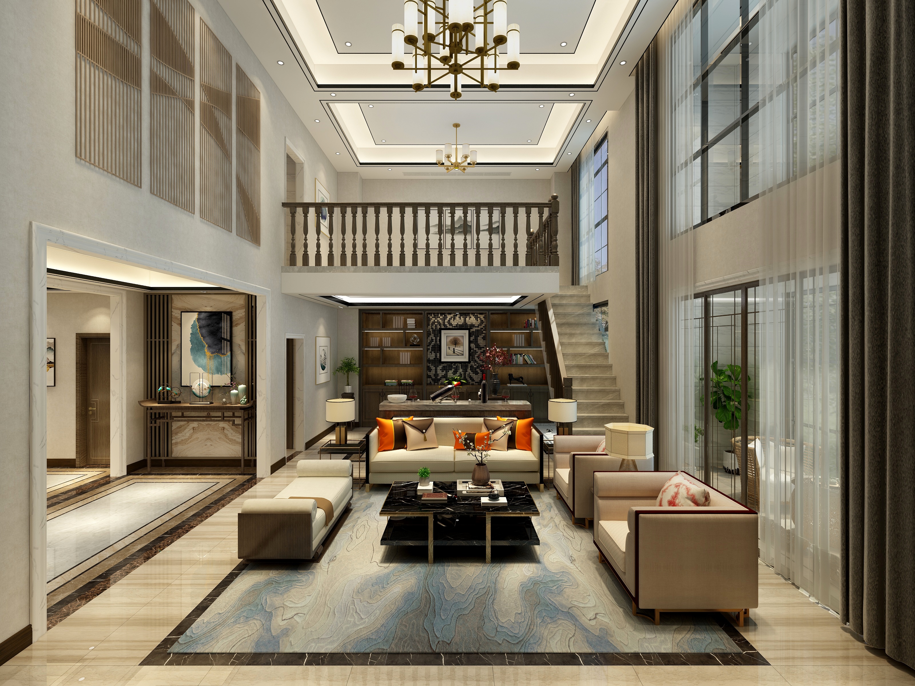 酷家乐优秀设计频道-《高山流水》-新中式复式一层客餐厅装修效果图第3张