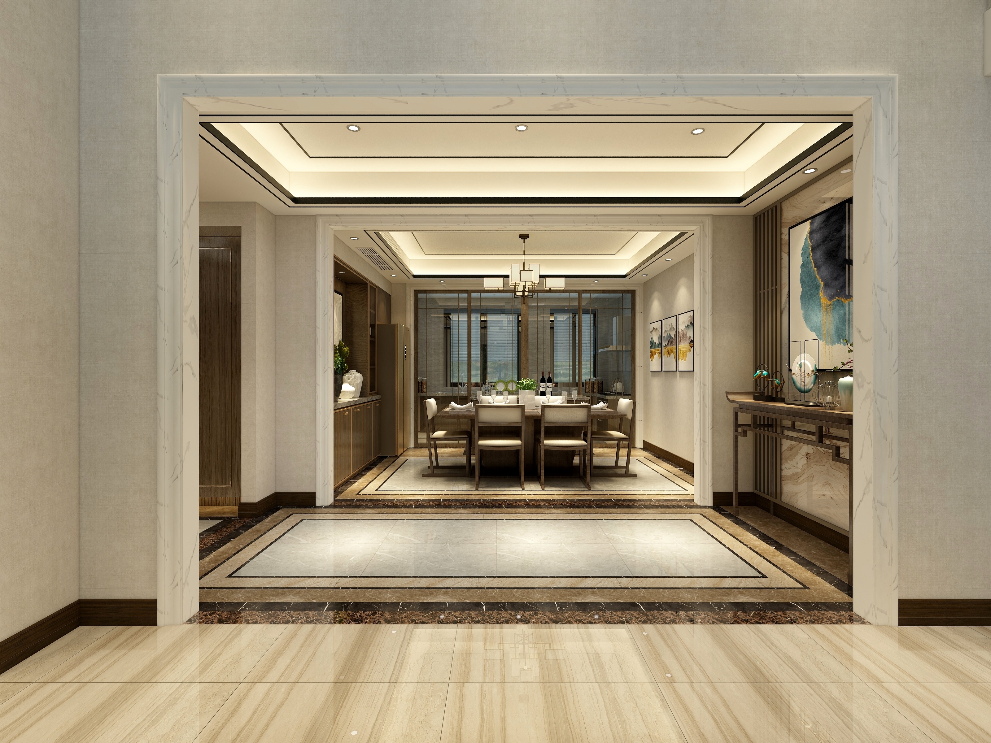 酷家乐优秀设计频道-《高山流水》-新中式复式一层客餐厅装修效果图第5张