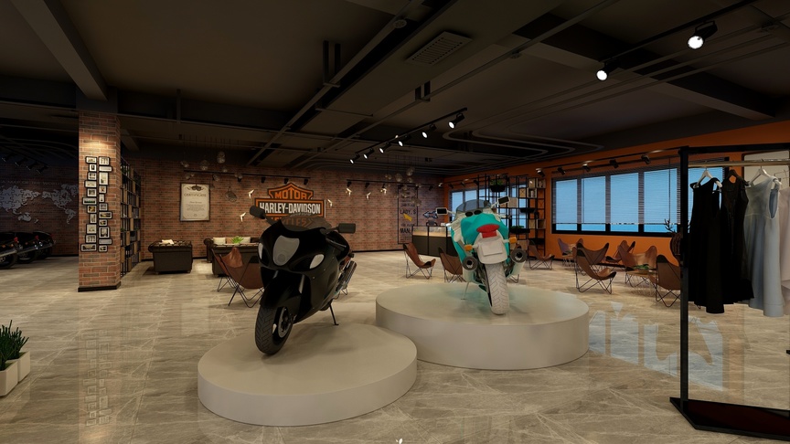 展示的是一个摩托车销售展厅，展厅内放置着两辆黑色的摩托车，其中一辆在白色的基座上，另一辆在红色的轮子上。展厅的地板是灰色的大理石瓷砖，头顶是黑色的金属管装修的天花板。墙面是红砖砌成的，中间挂着一块哈雷摩托车的标志牌。销售展厅的左侧摆放着6张棕色的餐桌，上面放着装饰性的白色椅子。靠右侧是服装展示区，挂着一排黑色的服装。在更远处的墙上，还可以看到一些装饰性的挂画。展厅的中央摆放着一些绿色和蓝绿色的植物。