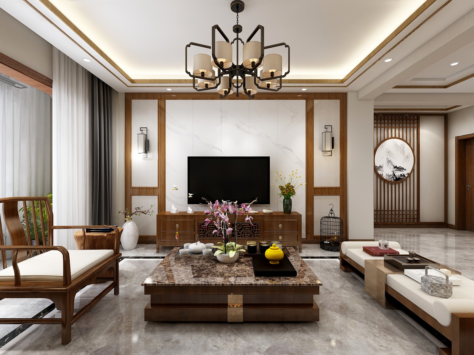 柴娜-116方新中式三居一层客餐厅装修效果图第2张