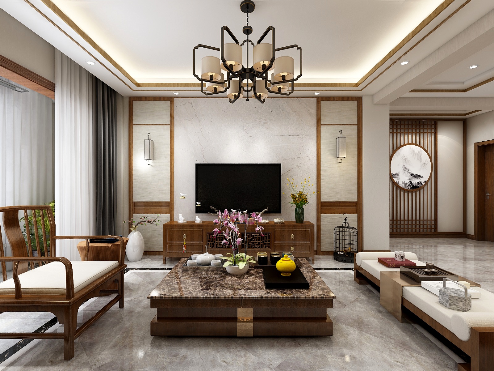 柴娜-116方新中式三居一层客餐厅装修效果图第1张