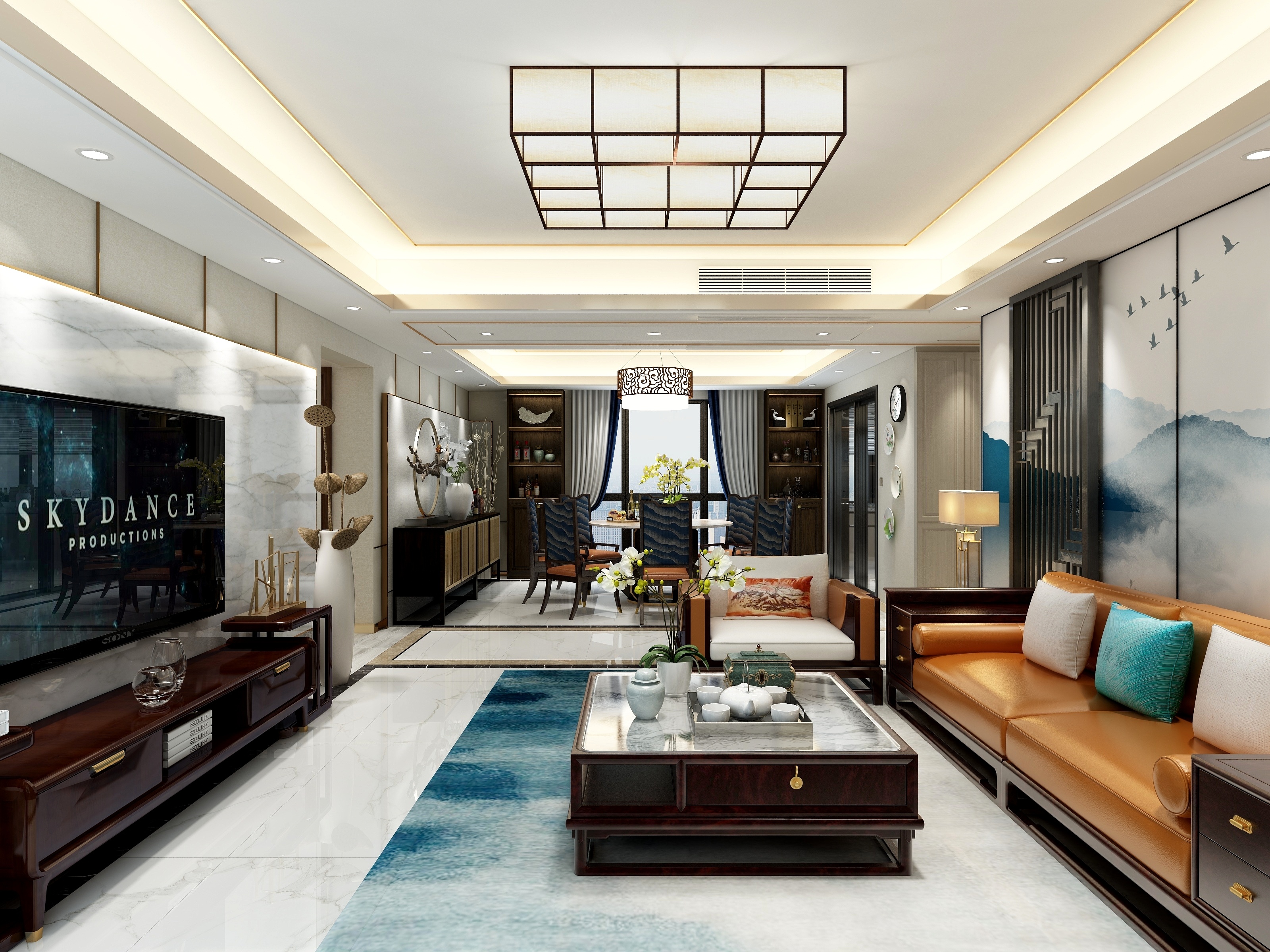 宋毅-174方新中式三居一层客餐厅装修效果图第1张