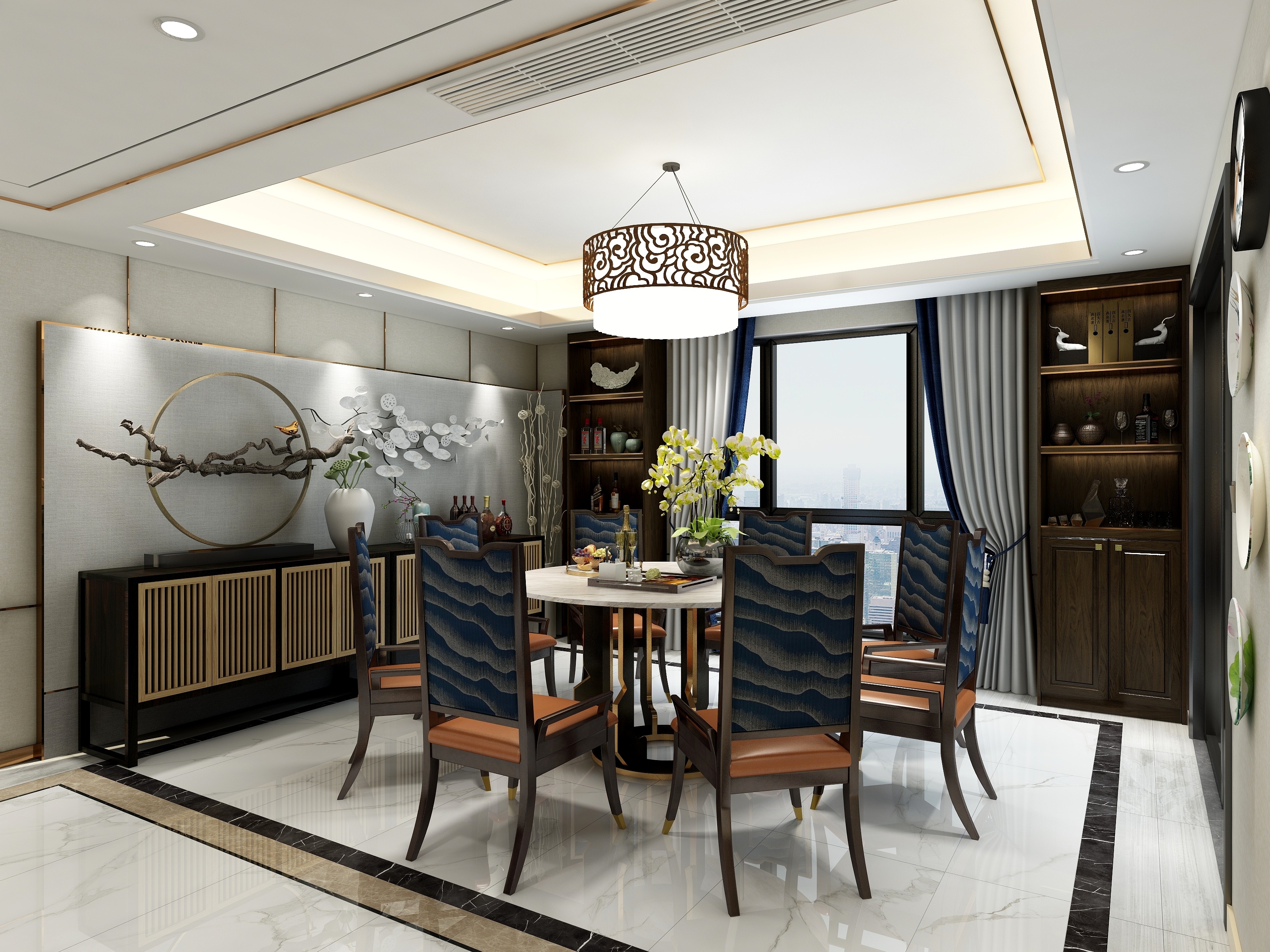 宋毅-174方新中式三居一层客餐厅装修效果图第2张