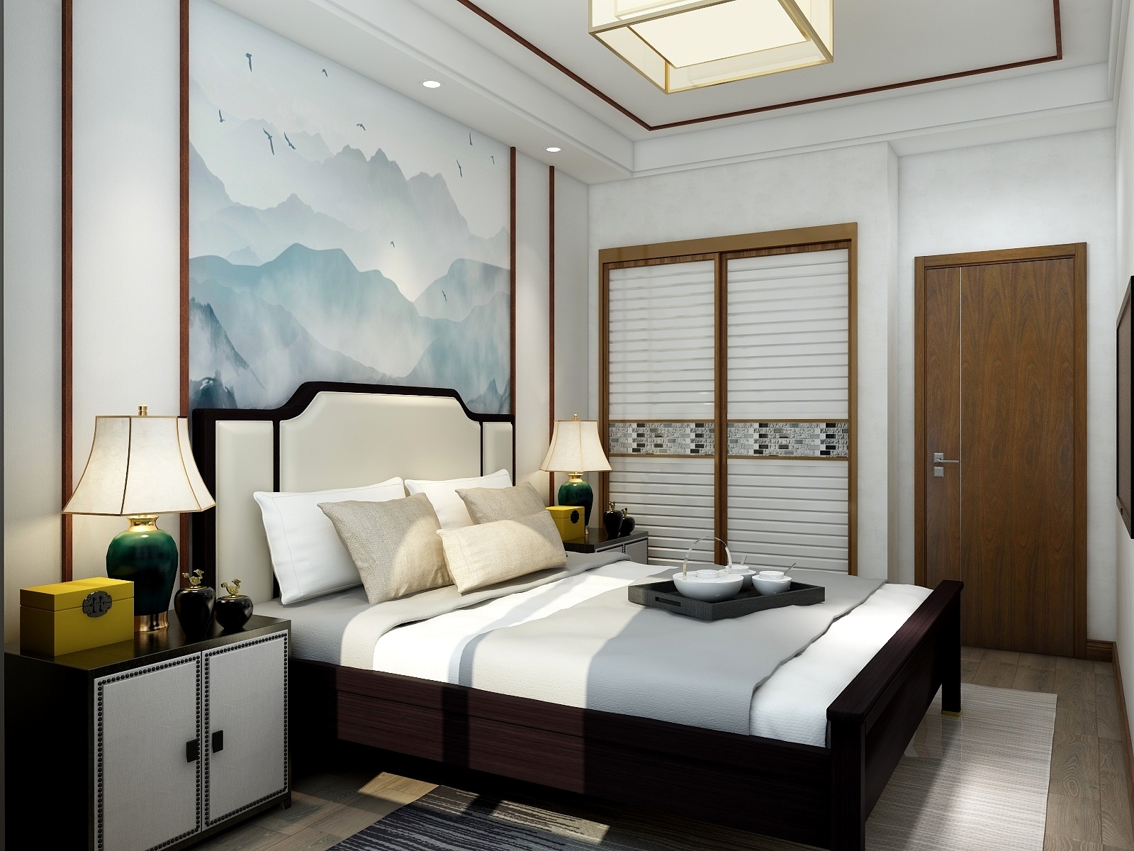 柴娜-116方新中式三居一层主卧装修效果图第2张