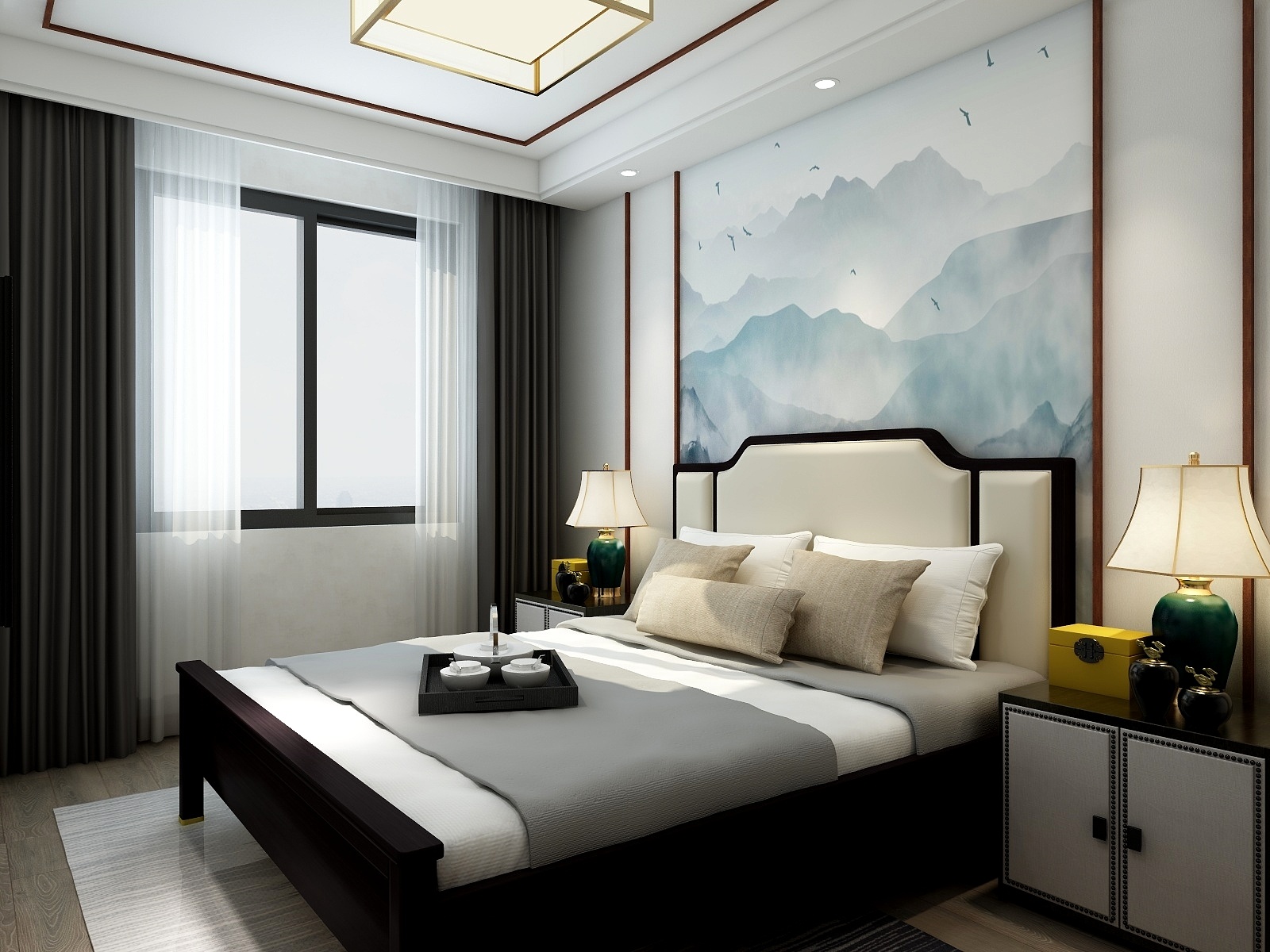 柴娜-116方新中式三居一层主卧装修效果图第1张