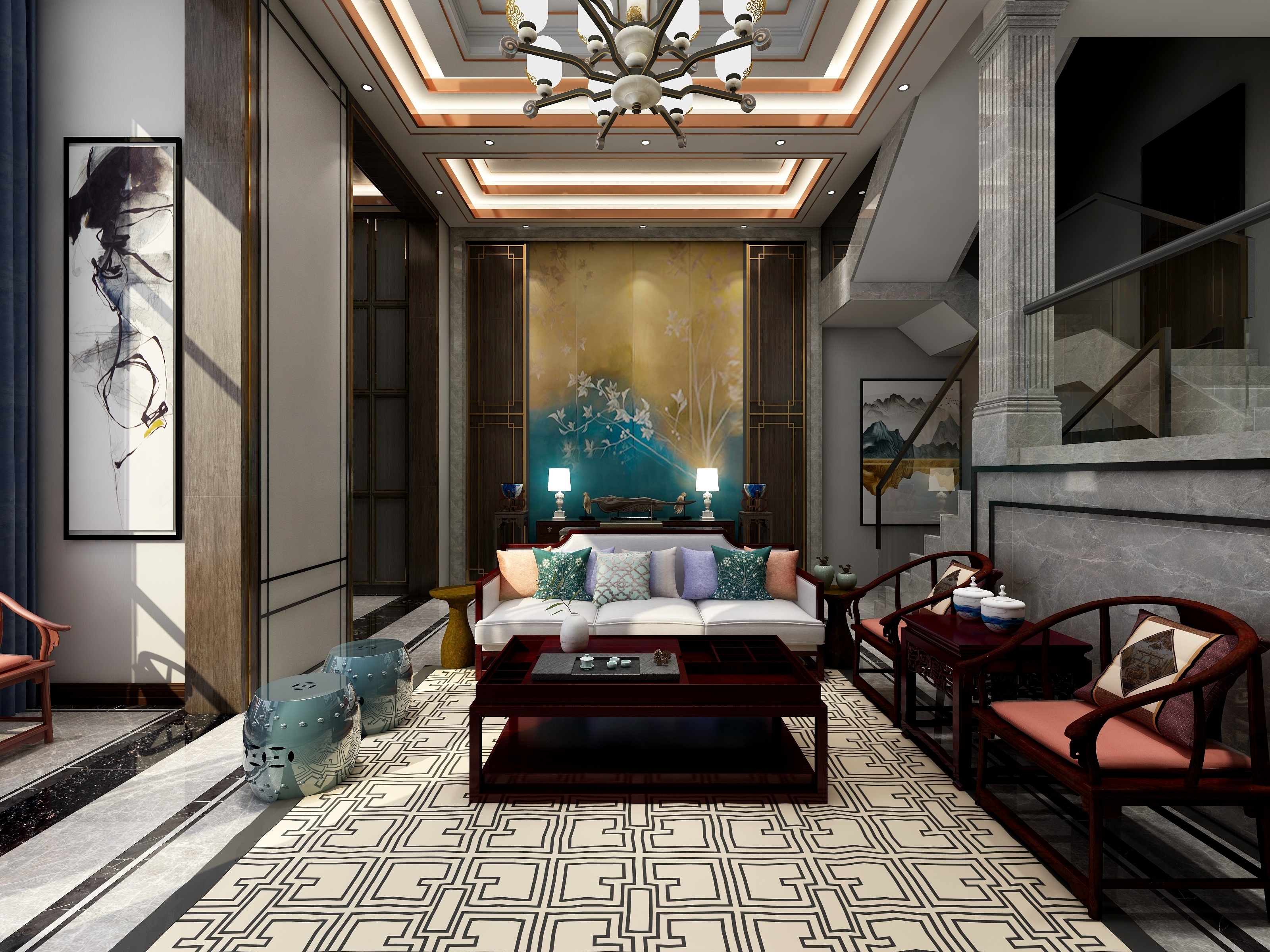 李青越-107㎡新中式别墅一层未命名装修效果图第1张