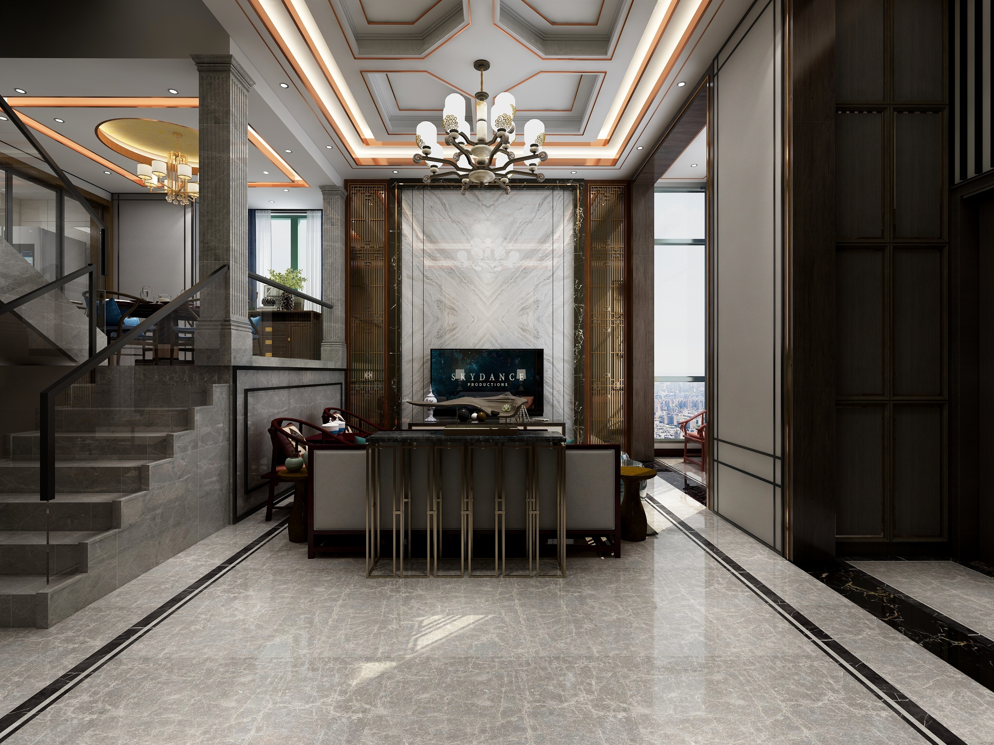 李青越-107㎡新中式别墅一层未命名装修效果图第2张