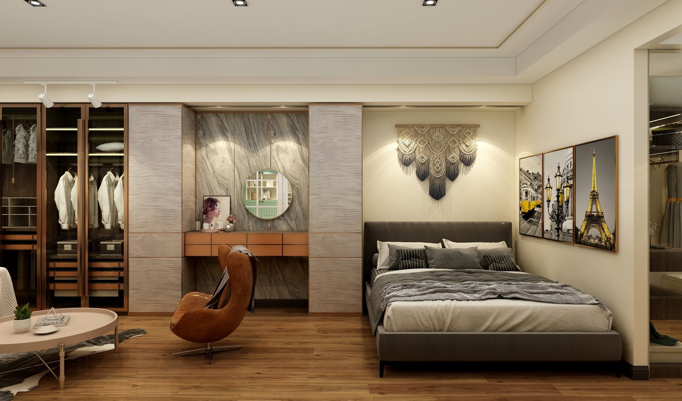 这是一个卧室空间，地面上铺着深棕色的木地板。墙壁是白色的，墙壁和天花板连接处以及衣柜门都是木纹材质。 
