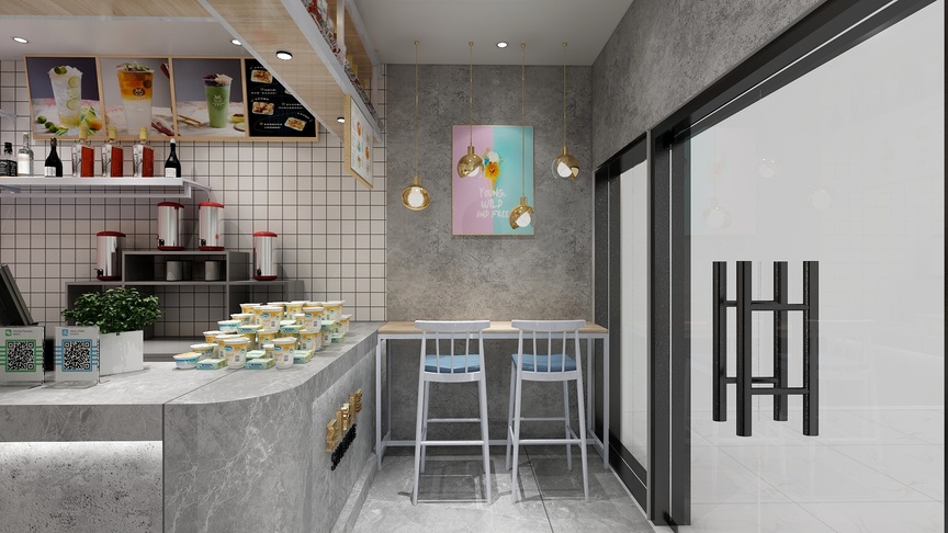 这个图是一个甜品店的室内设计图，整体以灰色为主题，显得高冷而又不失格调。店铺的左侧有一个类似吧台的设计，顶部有一个类似的操作台，下面放着三个蓝色的凳子，场景显得十分和谐。店铺的右侧有一个玻璃门，上面有H的图案，下面有金色的装饰。店铺的顶部挂着一些装饰灯，中间挂着一个方形的装饰画，画的上方是粉蓝色的海豚图案，下方是黄色的方形图案。图片的左侧是货物架，上面摆放着各种饮料和小食，下面摆放着三个装着绿色植物的小盆栽。