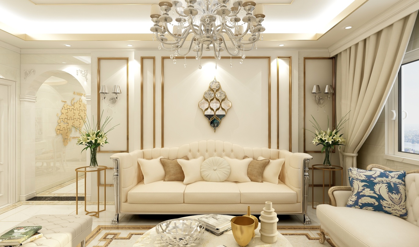 这是一张客厅的3D渲染图，整体色调以白色和米色为主，家具和装饰品都摆放得井井有条。图中客厅的墙面是白色的，地面是米色的，天花板上有一个华丽的吊灯，吊灯下面是一个米色的沙发组合，沙发组合旁边是两旁各放一花的玻璃桌子。在沙发组合的对面墙上，有一面金色的装饰画，画的左右两侧分别是两个金色的烛台，上面各插着两根白色蜡烛。画面的右下方是一张和墙面颜色相近的沙发，沙发上面有一个蓝色纹样抱枕。窗户上挂着米色的窗帘，将阳光洒进房间，让整个空间更加明亮舒适。