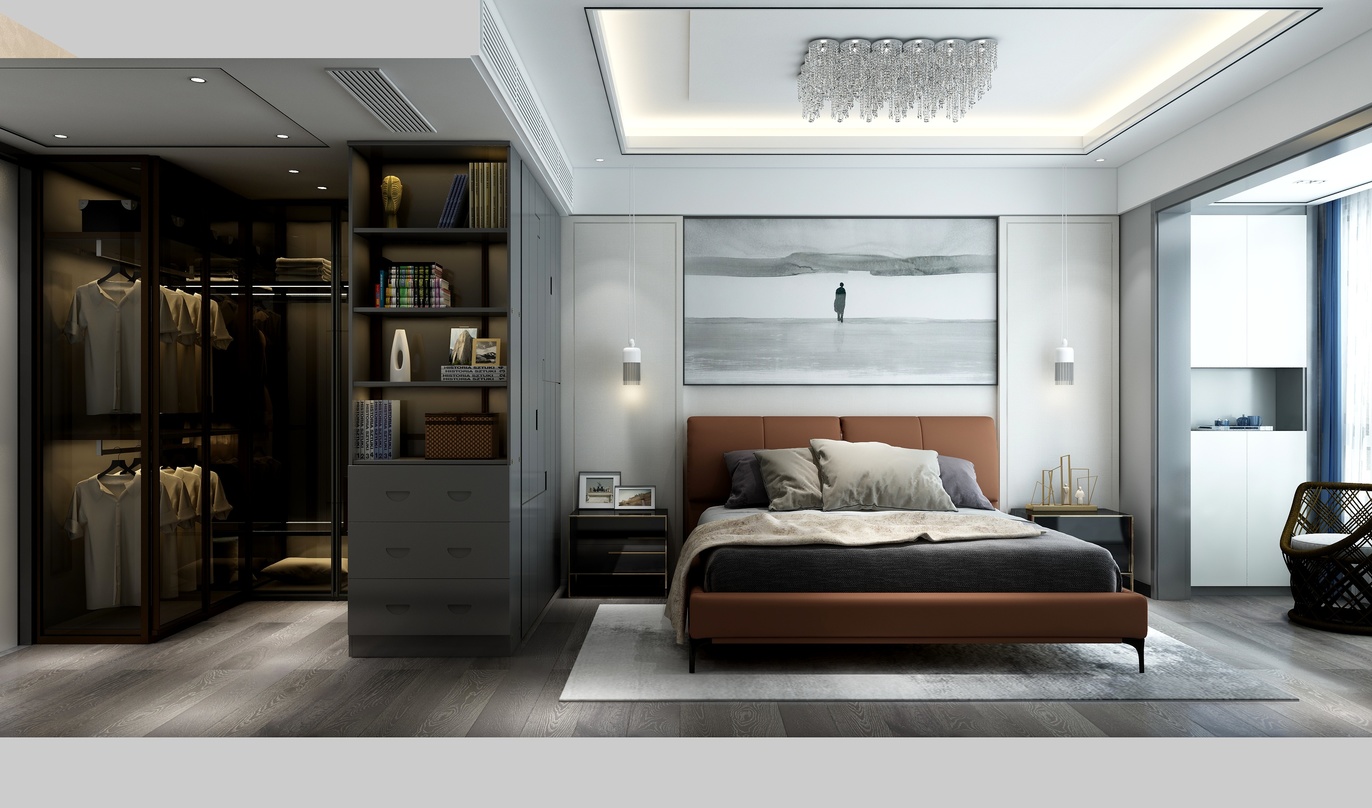 这个图是一个卧室空间的模型，整体色调以白色和灰色为主，搭配木质地板，给人一种简洁、舒适的感觉。卧室的中央是一张床，床头的背景墙是一幅黑色的装饰画，为整个空间增添了一些艺术气息。