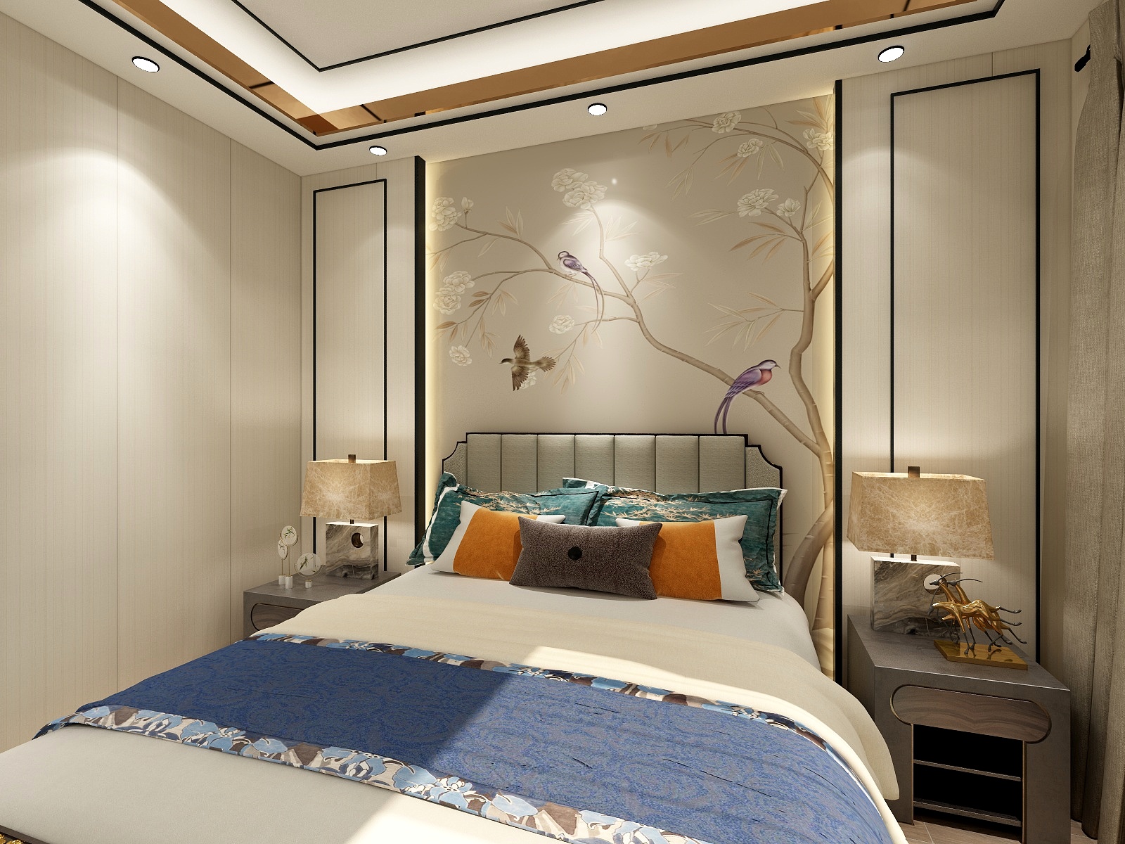 至简名设-文稳康-154方新中式三居一层主卧装修效果图第2张