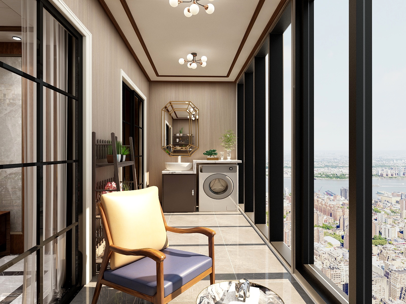 至简名设-文稳康-154方新中式三居一层阳台装修效果图第2张